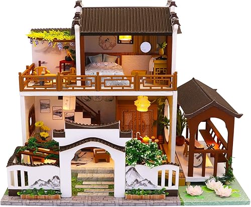 Miniatura 2 de Cool Beans Boutique - Kit de casa de muñecas en miniatura  casa de muñecas asiática de madera para el hogar tradicional  con cubierta antipolvo  Kit
