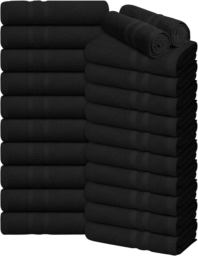 Oakias 100% Cotton Salon Towels 24 Pack Black - 16 x 27 Inches (Not Bleach Proof) Ring Spun Cotton Bulk Hand Towels - Highly Absorbent Quick Dry Facial, Hair, Spa, Gym Salon Towels