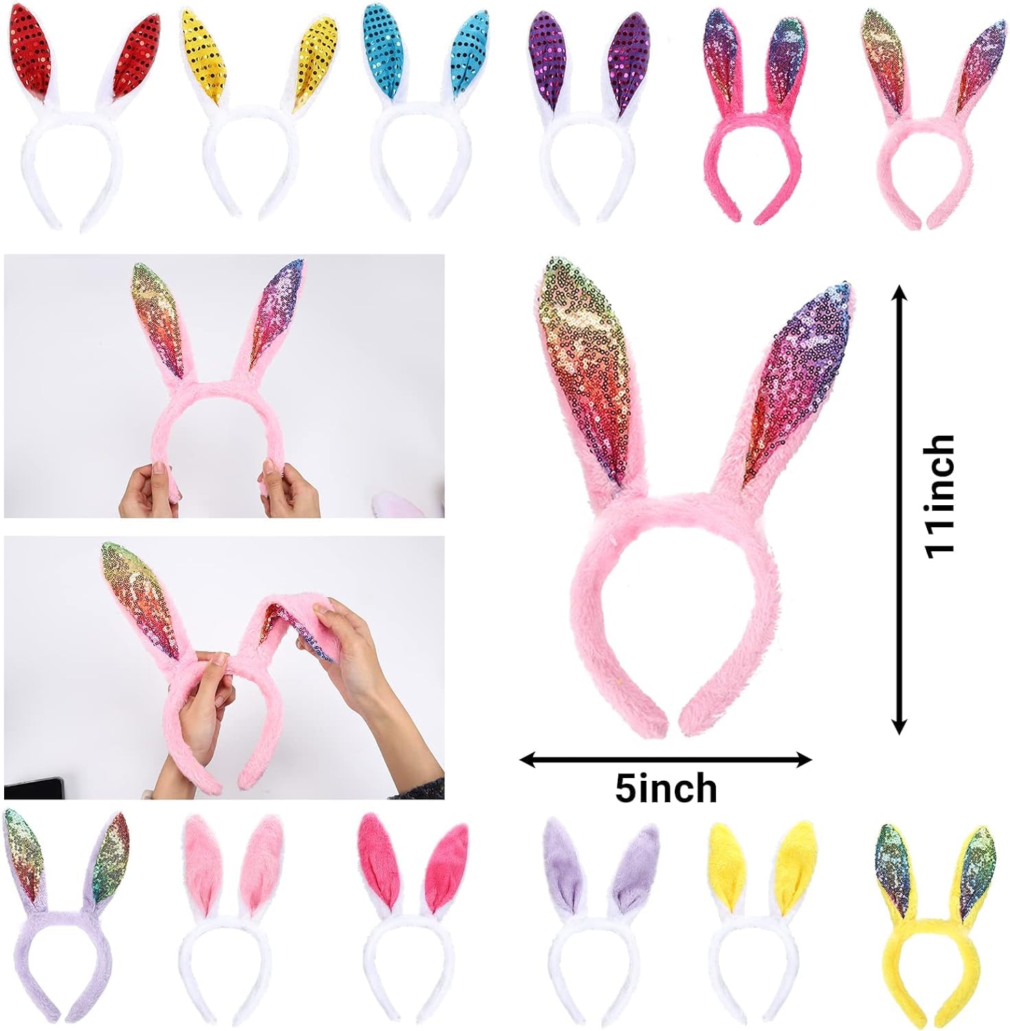 Hollyfield Osterhasenohren-Stirnband, 12-teiliges Plüsch-Hasenohren-Stirnband, Ostern, Partybevorzugung, Kostüm, Verkleidungszubehör, Ostergeschenk für Kinder, Cosplay, Hasenohren, Stirnbänder