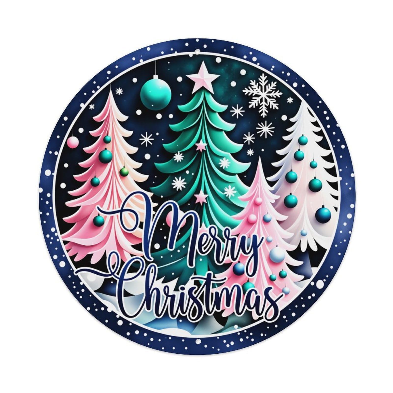 Christmas Trees Snowflakes Ornaments Star Round Tin Sign Vintage Metal Poster Retro Bar, Home, Man Cave, Kitchen, Laundry Room Wall Art Decor Gift 8x8Inch