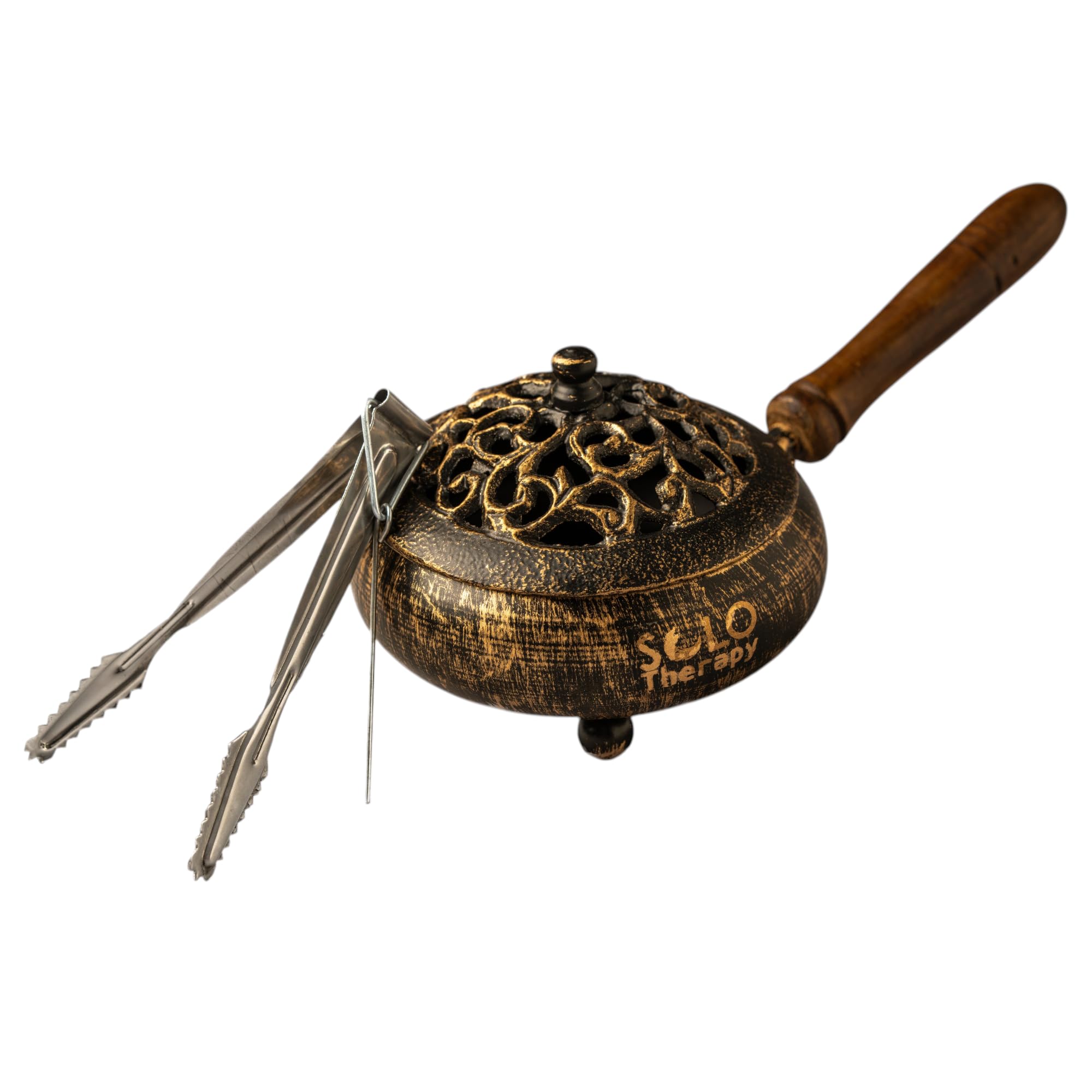 Iron Charcoal Burner with Lid & Wood Handle with Charcoal Tong, 9" Golden Finish, Burner for Incense, Charcoal Burner with Handle, Includes Charcoal Tong