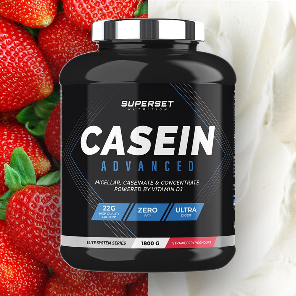 Superset Nutrition - 100% Casein Advanced (1,8kg) - Protéine à assimilation lente - Objectifs sèche, anti-catabolique et prise de muscle - Faible en sucres, Enrichie en vitamine D3 - Fraise Yogourt