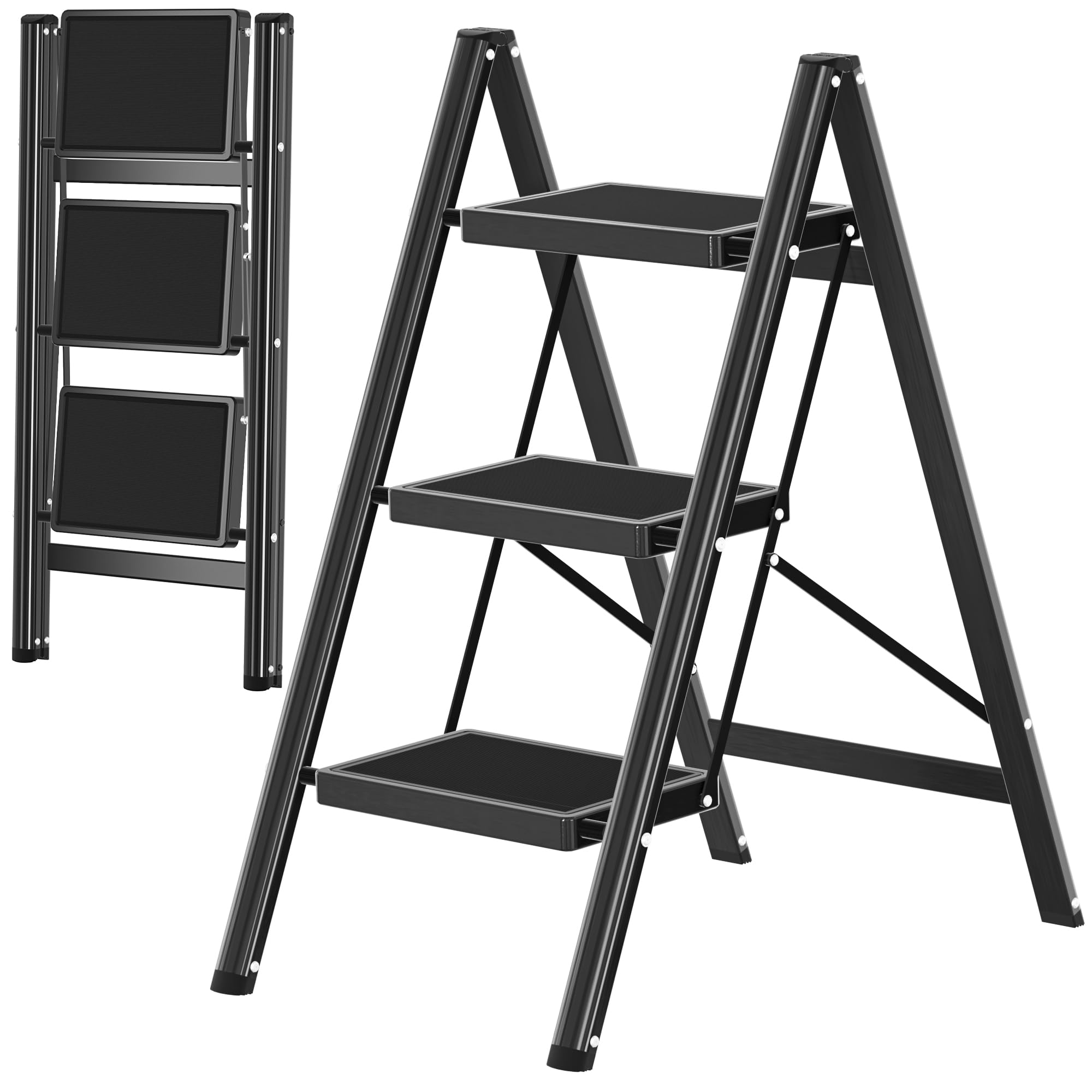 3 Step Ladder, Folding Step Stool with Anti-Slip Wide Pedal, Anti-Slip Feet, Sturdiest Steel Construction, Steel Ladder for Home and Office, Black-image-45
