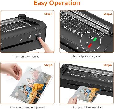Amazon Basics 3 in 1 Thermal Laminating Machine, Cuts, Punches and Rounds Edges, A4 Size, 10 Bags Included, EU Plug, Black