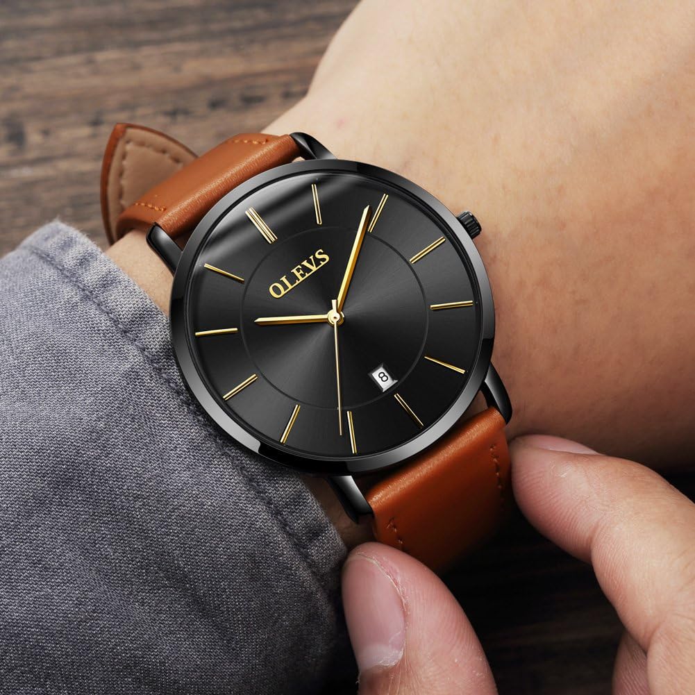 OLEVS Mens Watches Minimalist Ultra Thin Fashion Casual Analog Quartz Date Watch Waterproof Slim Simple Big Face Dress Wrist Watch Leather Band for Men