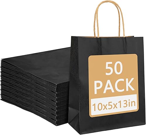 Miniatura 1 de Moretoes 50 bolsas de regalo negras de 10 x 5 x 13 pulgadas, bolsas de papel kraft con asas a granel, bolsas de compras, bolsas de venta al por