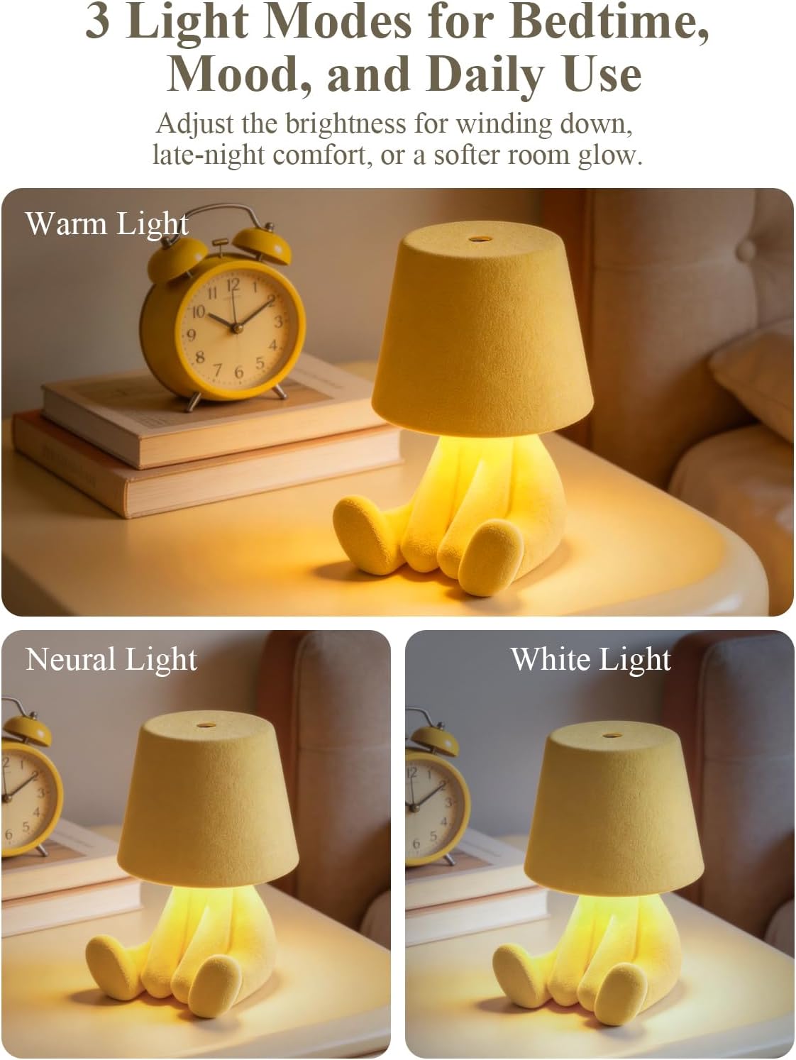 Human-Shaped Rechargeable Table Lamp: Flocked Texture - Softer Look & Warmer Presence for Bedside Vanity and Cozy Corners - Dimmable 3 Color Temps