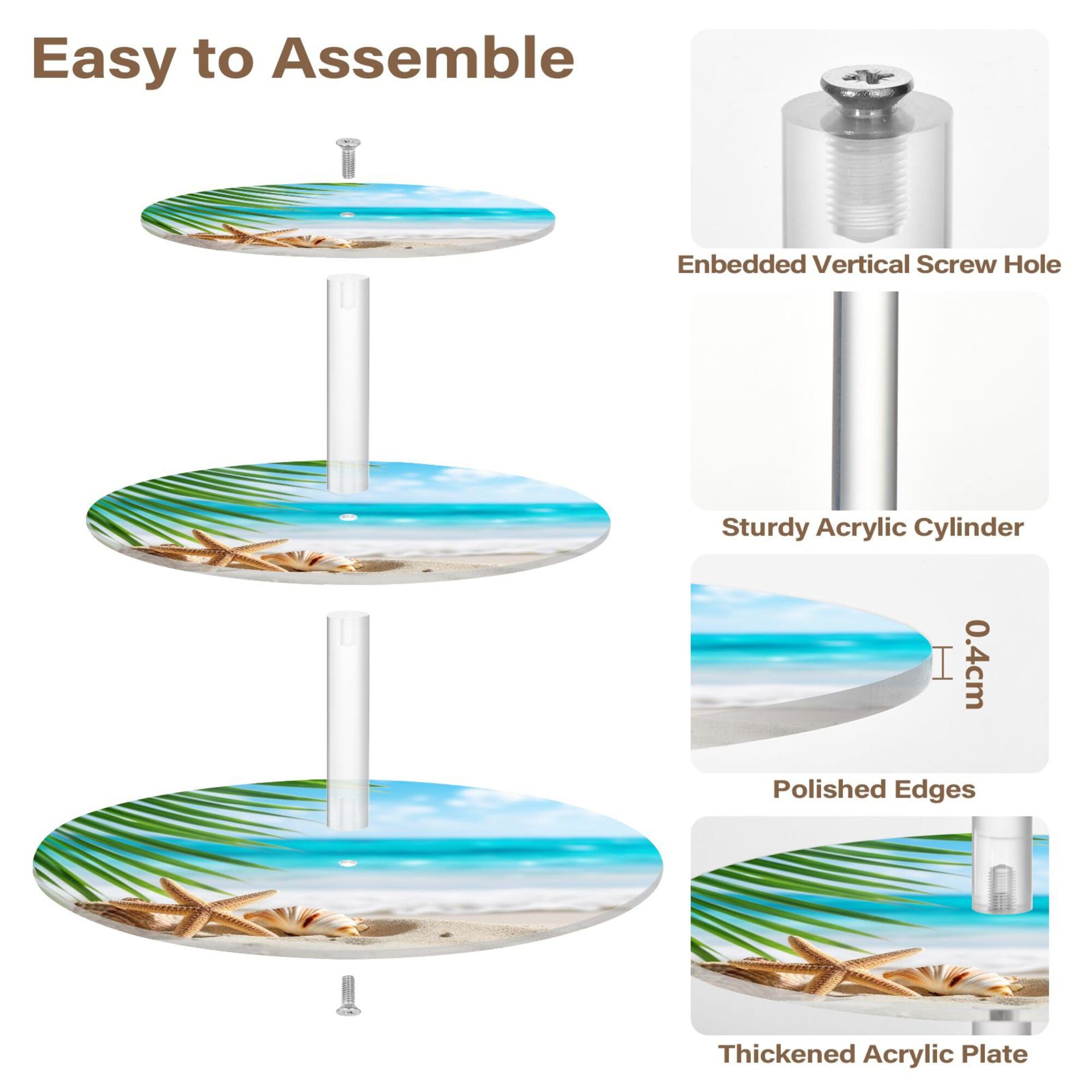 PYBUG Starfish Shell 3 Tier Acrylic Cupcake Stands Tower,Dessert Table Display Set for Tea Party,Wedding,Birthday, Baby Shower