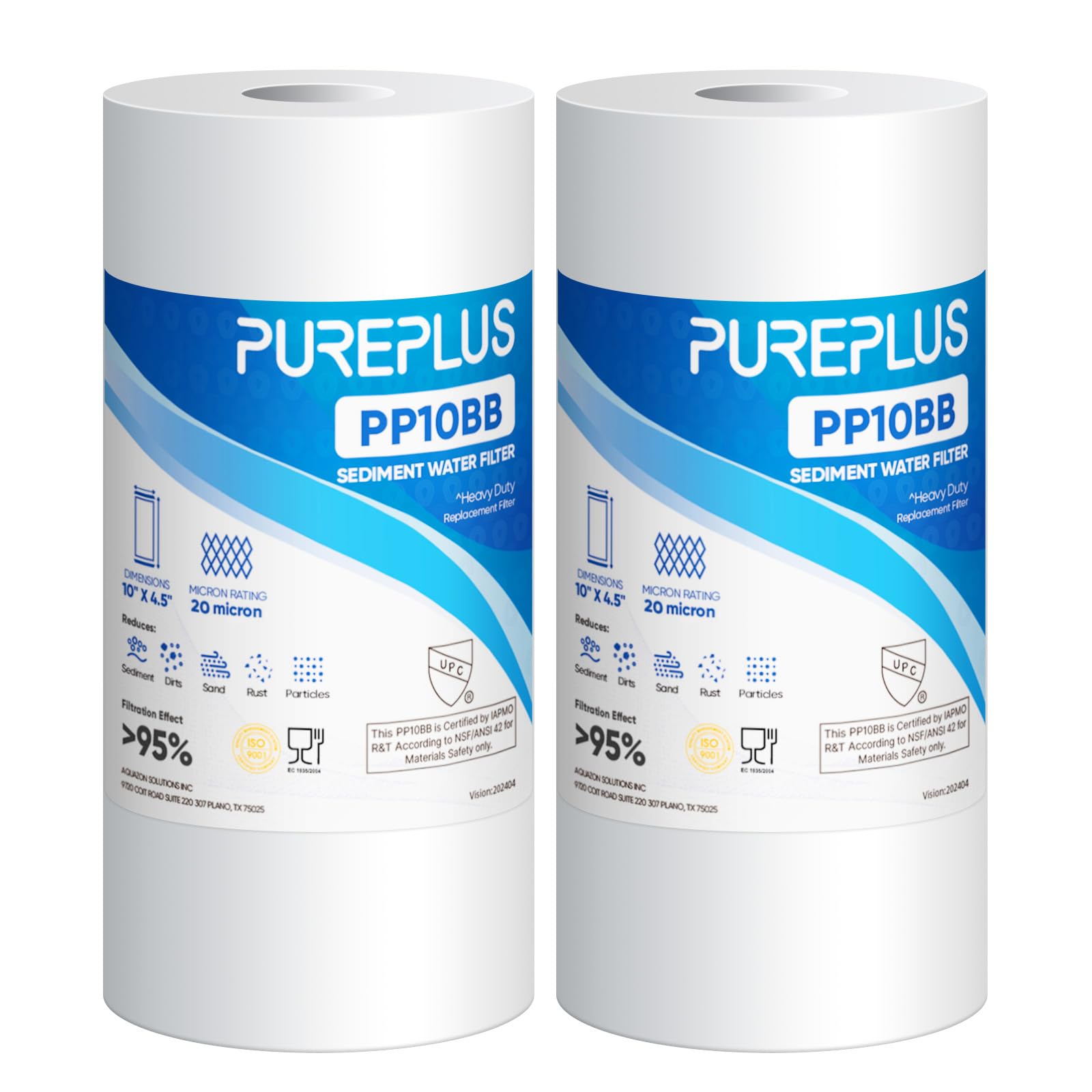 PUREPLUS20 Micron 10" x 4.5" Whole House Sediment Home Water Filter Replacement Cartridge for Culligan RFC-BBSA, HD-950, WFHD13001B, W15-PR, GXWH30C, GXWH35F, Aqua-Pure AP817, PP10BB, 2PACK