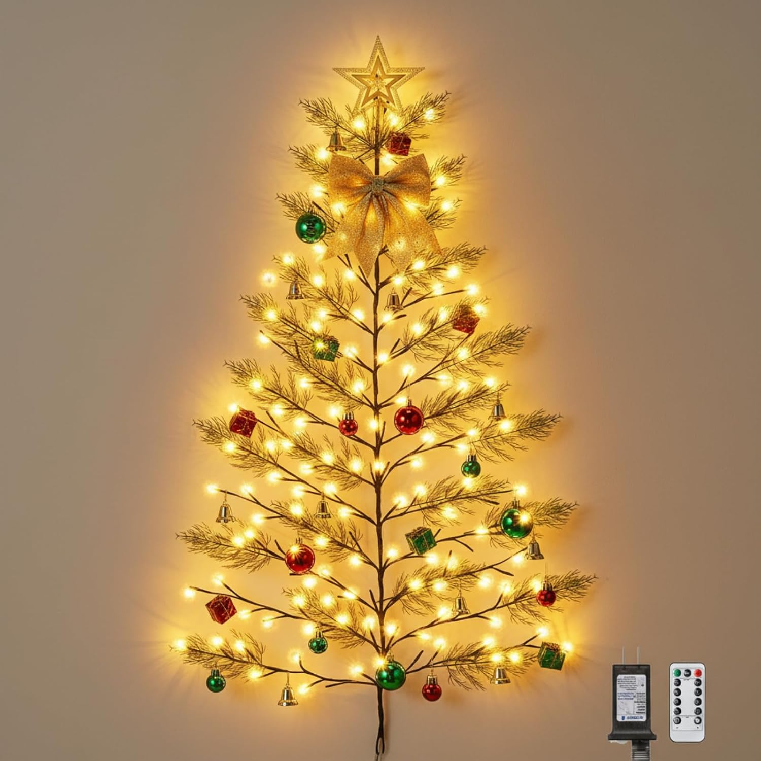 Leyndo 70 Pcs 5ft 144 LED Wall Christmas Tree with Lights 8 Mode Remote Control with Xmas Decorative Ball Bow Star Bell Pine Picks for Living Room Office Wall Half Tree Hanging Ornaments(Red Green)
