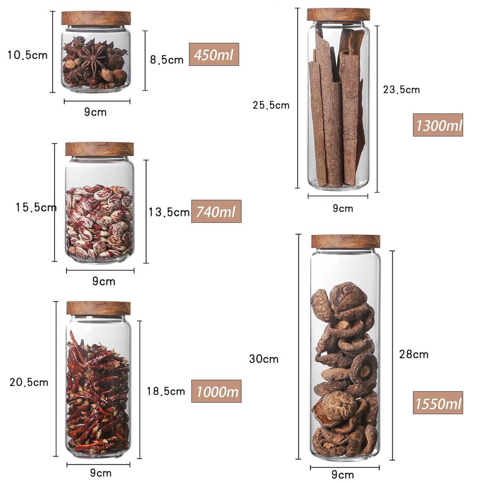 Dxcaicc 5 Stück Glas-Vorratsgläser mit Holzdeckel, multifunktionale Flasche, transparente Vorratsgläser,dekorative Glas-Vorratsflasche für Gewürze, Zucker,Salz,Tee,Nüsse,Kaffeebohnen