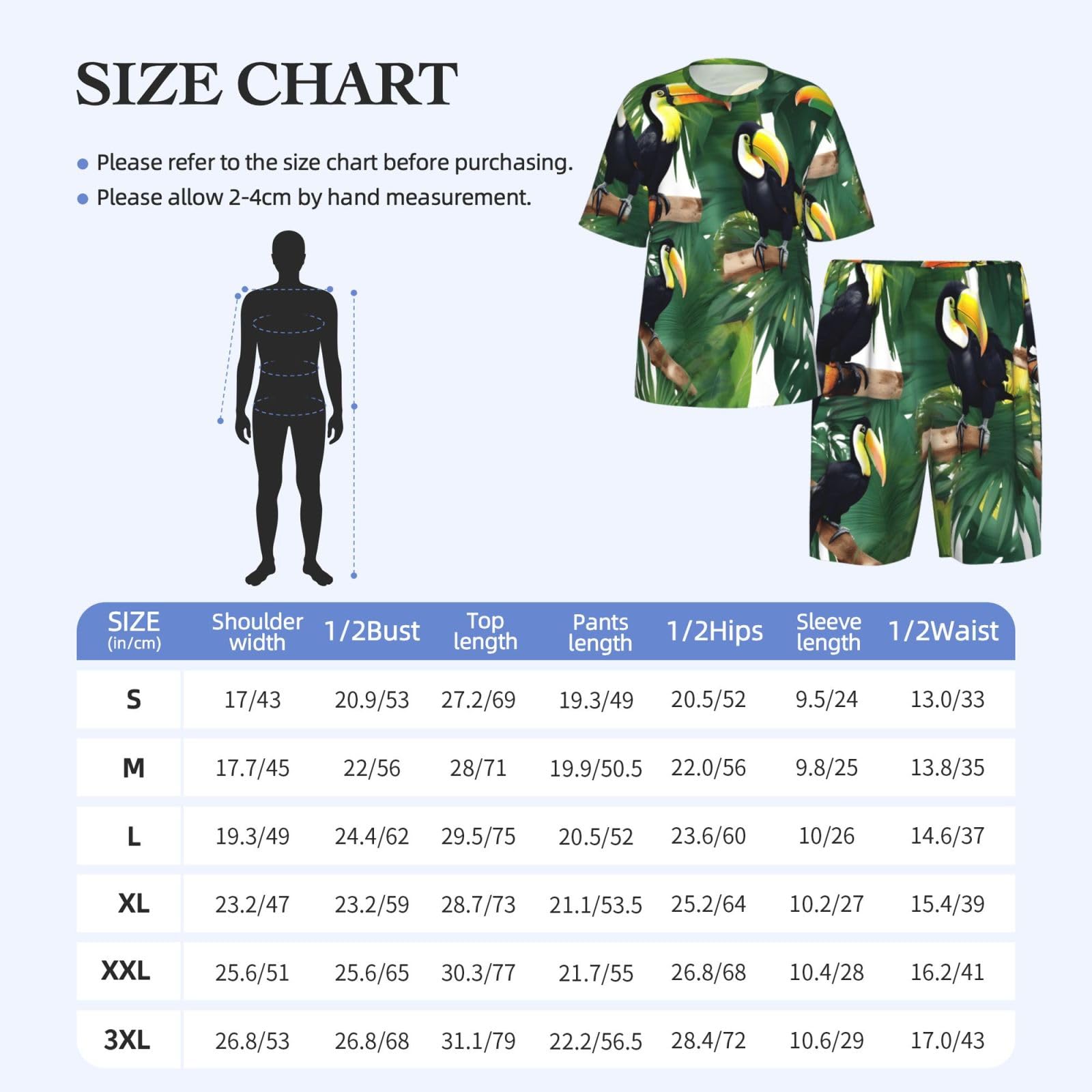 Conjunto de pijama clásico para hombre con estampado de hojas de loro, palmera, tucanes, pantalones cortos de pijama suaves para hombre, perfecto para las noches de verano