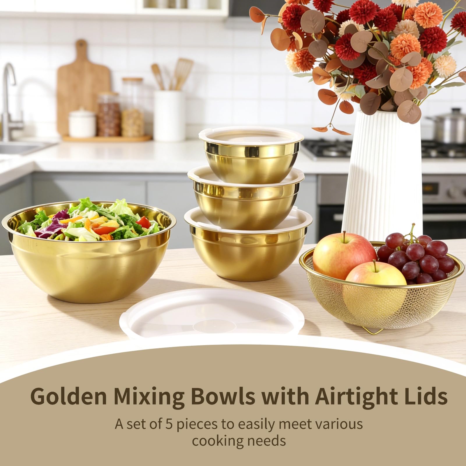 Edelstahl-Rührschüssel-Set, 5-teilig, goldene Salatschüsseln mit Deckel und Sieb, 4 Größen, zum Backen, Vorbereiten von Mahlzeiten und Servieren