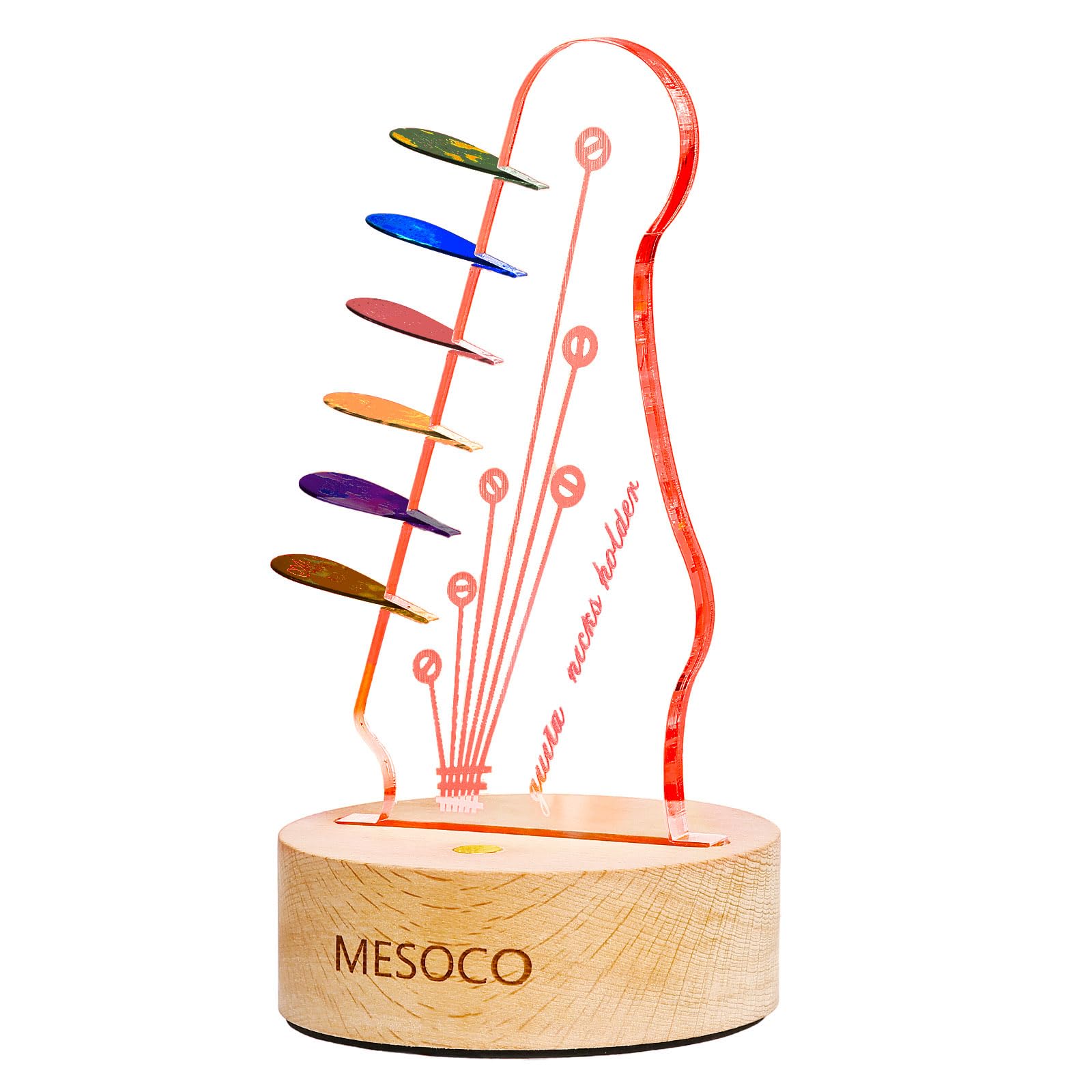 MESOCO Light Up Guitar Pick Holder, Unique Electric Guitar Headstock with 7 Color-Changing LEDs, USB Powered Organizer (Holds 6 Picks) - Ideal Gift for Guitarists