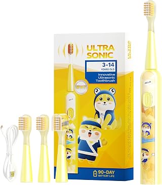 MOMODENT Escova de Dente Elétrica Crianças Sônica, Para 3 a 12 Anos Amarelo | Cerdas Extra Macias, 3 Cabeças Substituíve