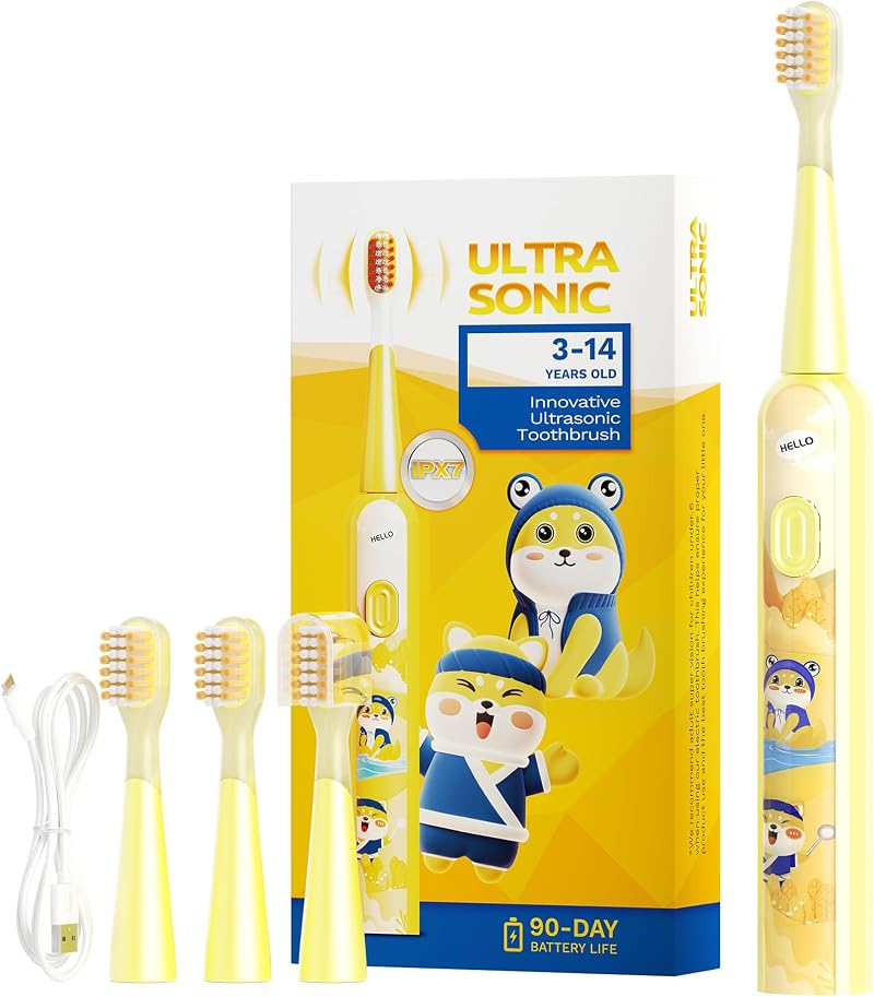 MOMODENT Escova de Dente Elétrica Crianças Sônica, Para 3 a 12 Anos Amarelo | Cerdas Extra Macias, 3 Cabeças Substituíve
