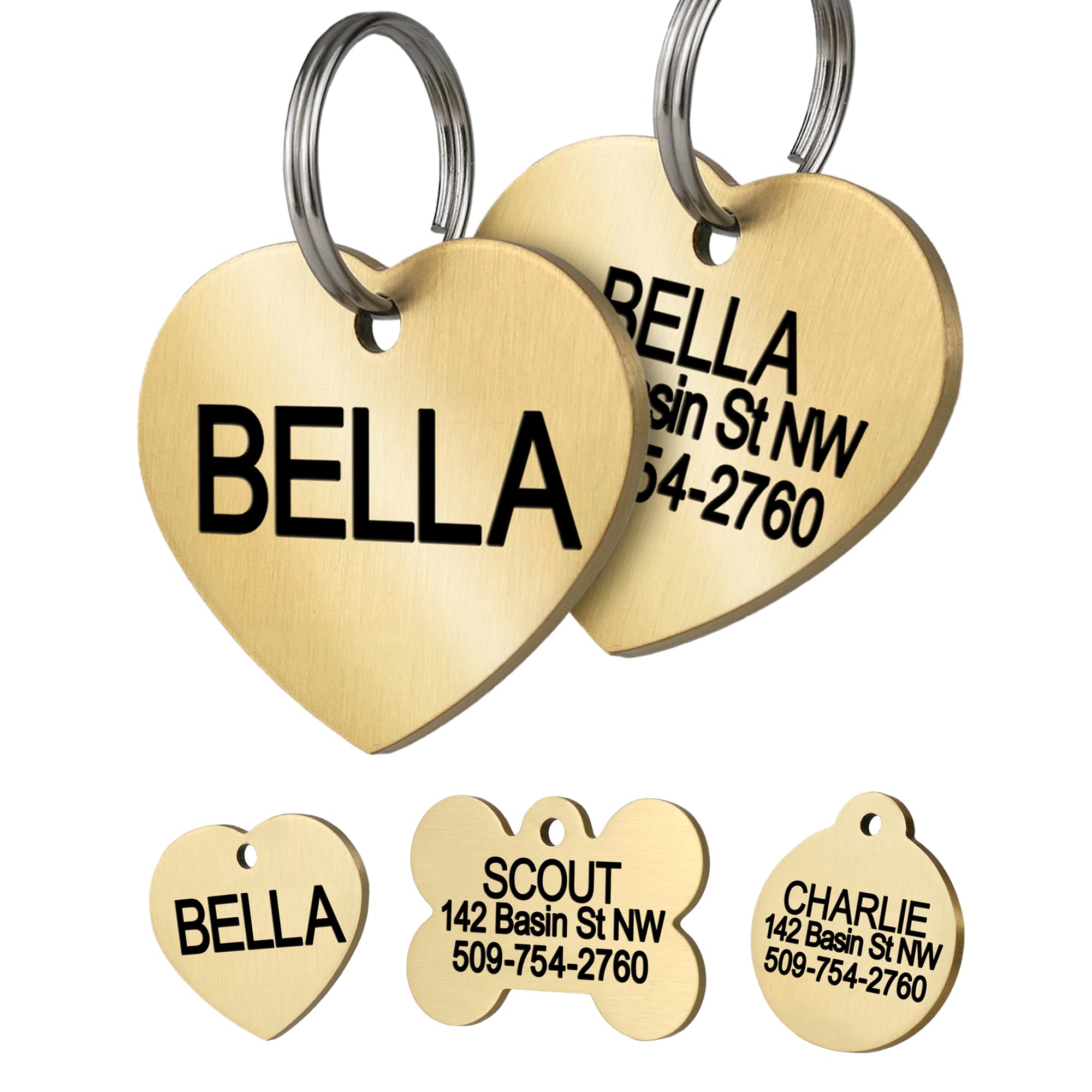 GoTags Personalized Pet ID Tags, Solid Brass Dog Tags and Cat Tags, up to 6 Lines of Custom Text, Engraved on Both Sides, Bone, Round, and Heart