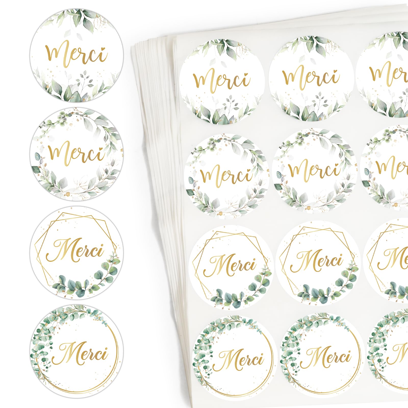 BOOMTOP 300pcs Pegatinas Redondas de Flores Hojas, en Texto de Francesa Merci