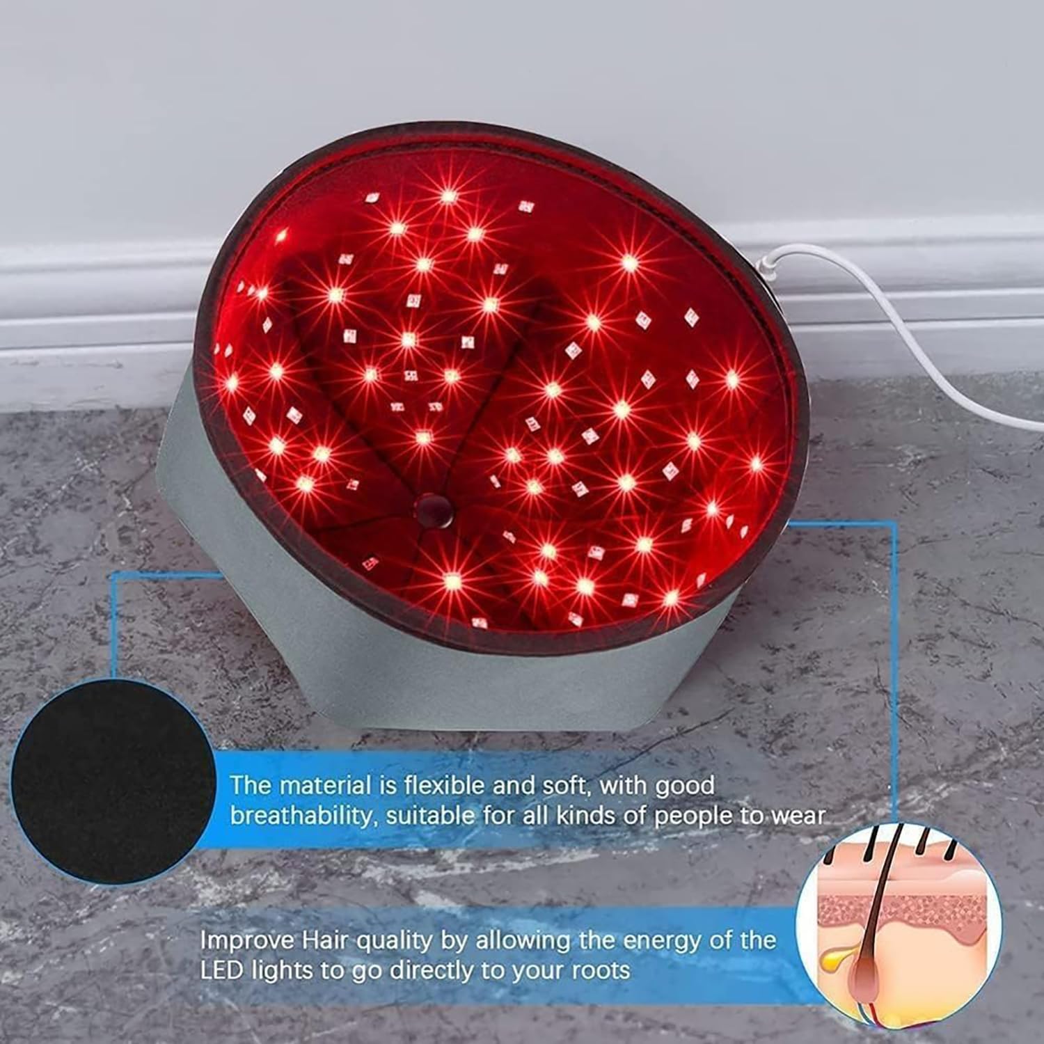 Gorro De Terapia Con Luz Roja LED, Gorro De Terapia Con Luz Infrarroja Para Prevención De La Caída Del Cabello, Modo De Terapia De Luz De 3 Engranajes, Diámetro De La Tapa 21,5 Cm/8,46 Pulgadas