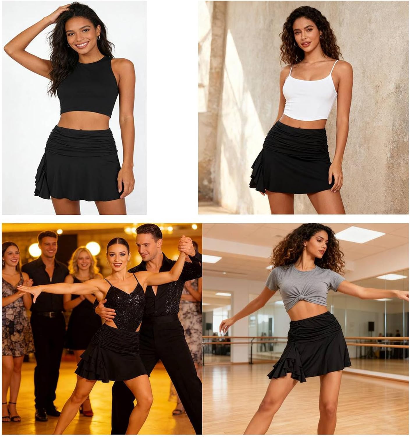Black Ruffle Skirt with Shorts Ruched Mini Slit Latin Salsa Skirt Dance Outfits for Women