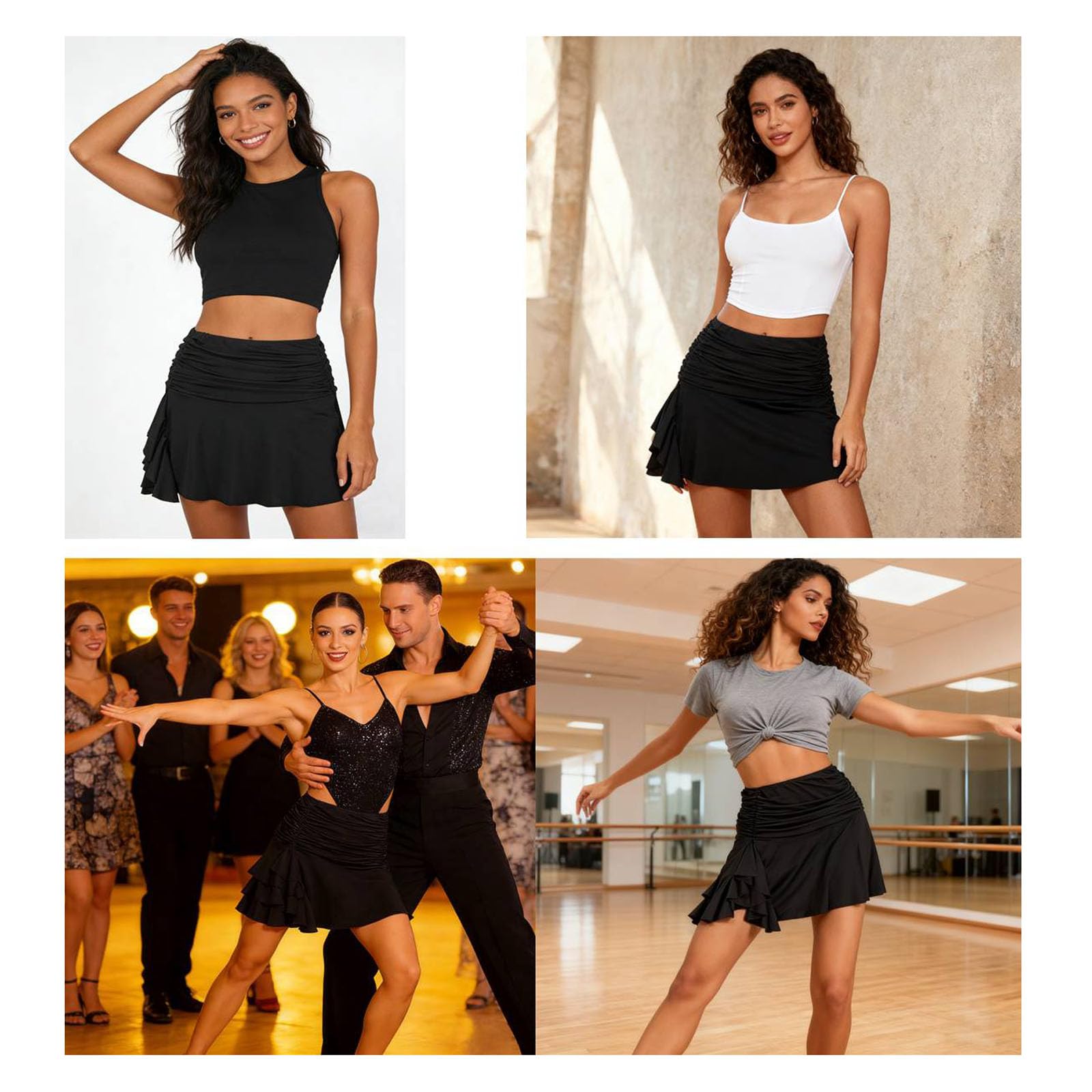 Schwarzer Rüschenrock mit Shorts, gerüschter Mini-Schlitz, Lateinamerikanischer Salsa-Rock, Tanz-Outfits für Damen