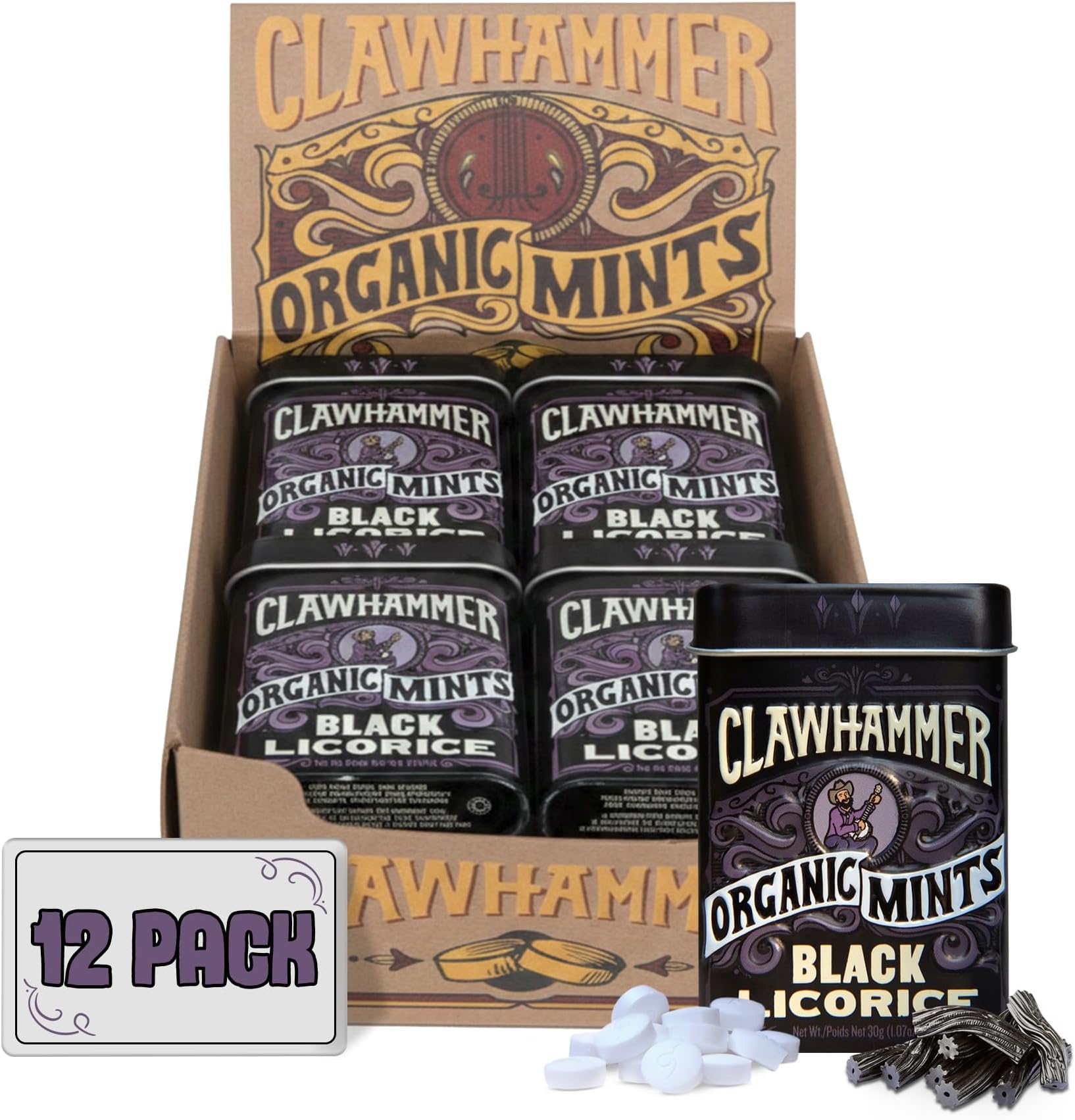 - Clawhammer Organic Mints Black Licorice - 30 Count Tin (Pack of 12) | Classic Breath Mint with Rich Licorice, Organic Candy Mints with No Artificial Colors or Sweeteners | Kosher, Vegan, Gluten Free