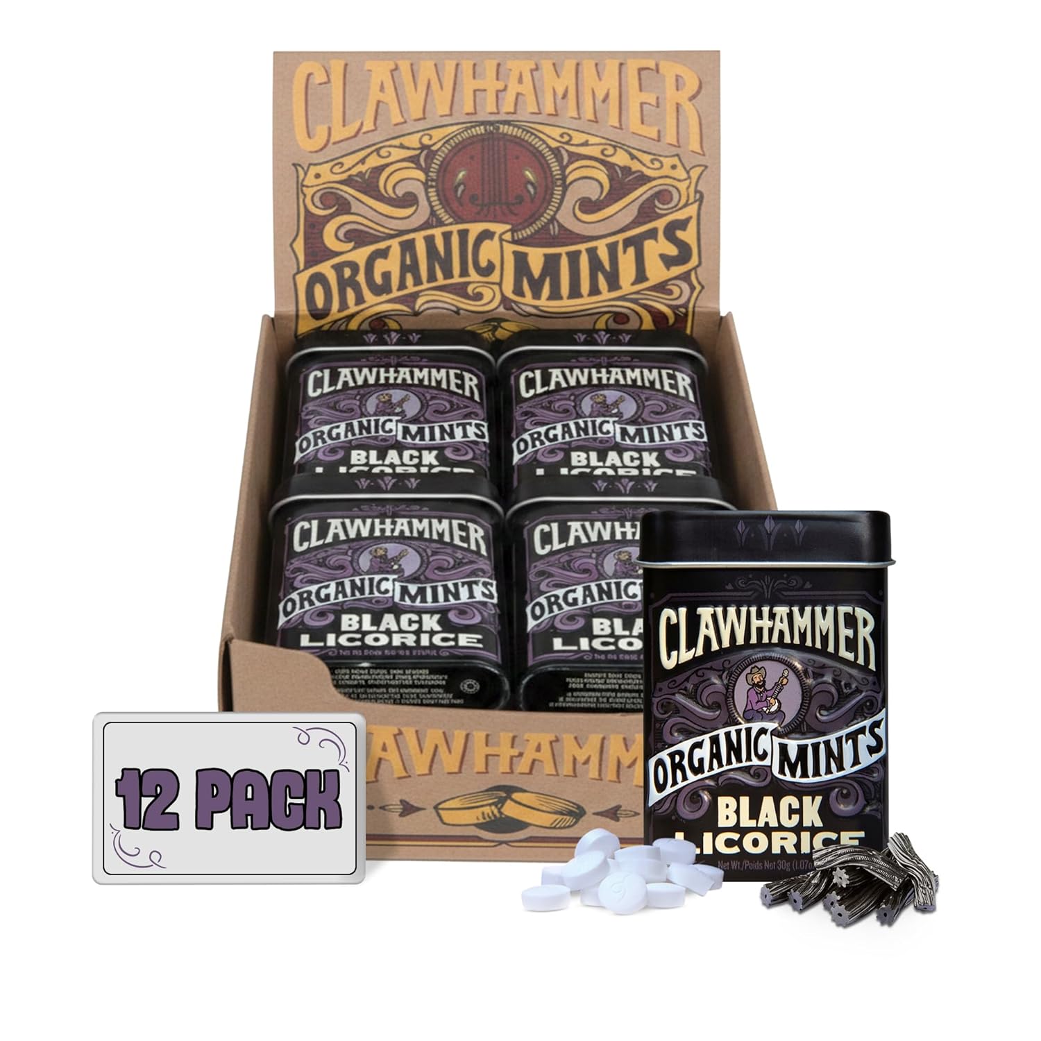 Clawhammer Organic Mints Strong Peppermint - 30 Count Tin (Pack of 12) | Bold Breath Mint, Organic Candy Mints with No Artificial Colors or Sweeteners | Kosher, Vegan, Gluten Free