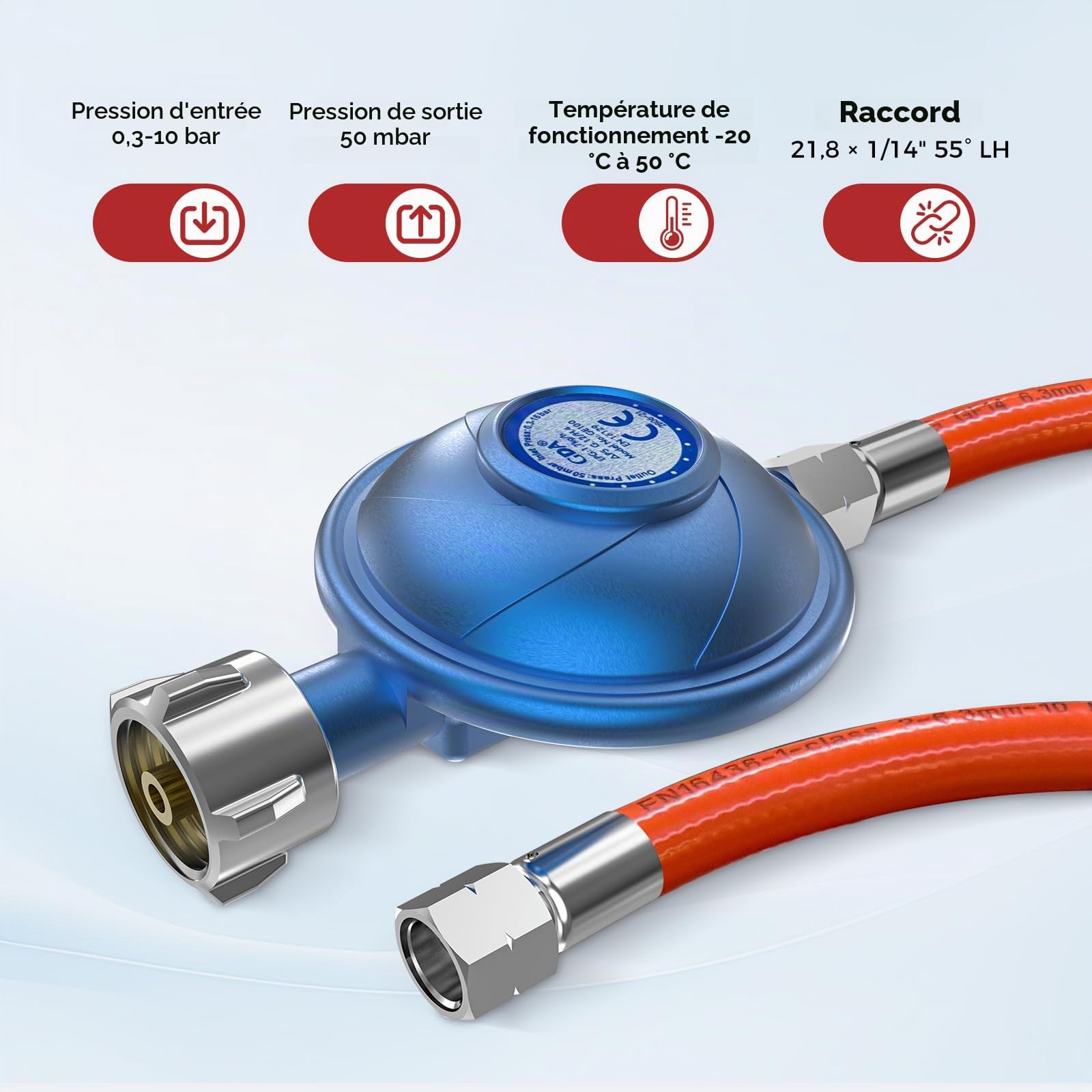 CAMPLUX GE100B Détendeur de Gaz 50mbar avec Tuyau de 150 cm, W21,8 × 1/14" LH vers G1/4"-LH, Débit de 1,7 kg/h, Régulateur de Gaz pour Barbecue, Réchaud et Chauffage