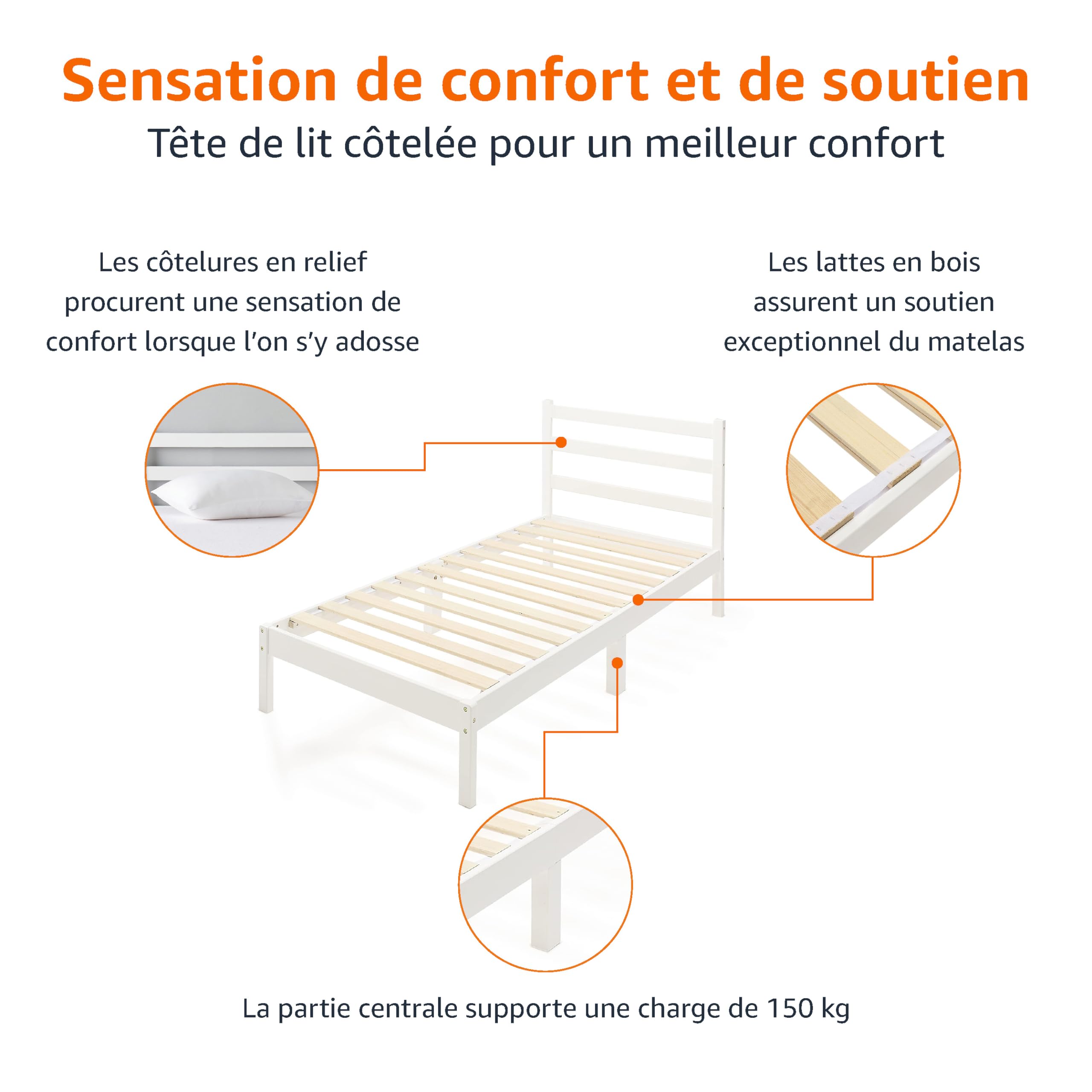 Amazon Basics Cadre de lit plateforme en bois de pin massif avec tête de lit côtelée, moderne, montage facile, pour enfants, 1 personne 90 x 190 x 88 cm, Blanc