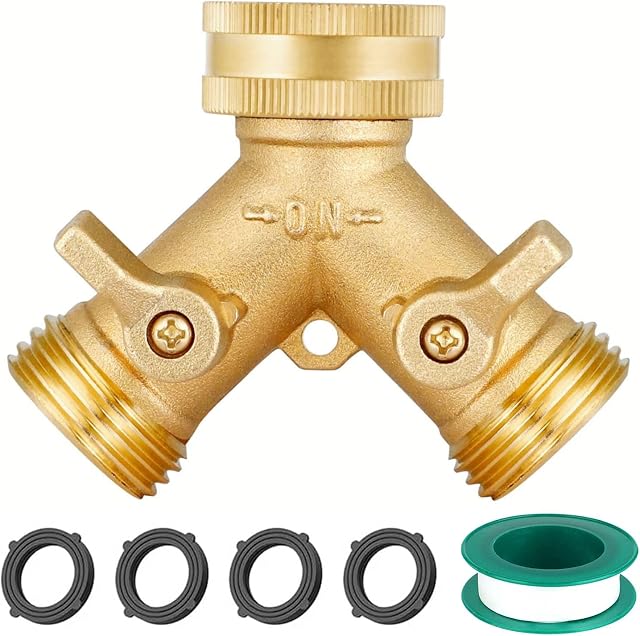 2 Way Y Garden Hose Raccordeur de robinet, Lourde Laiton Raccordement de tuyau pour pelouse et jardin, Adaptateur de tuyau d'épigot avec 2 Valves, Plus 4 Laveurs en caoutchouc supplémentaires+1 ruban de téflon