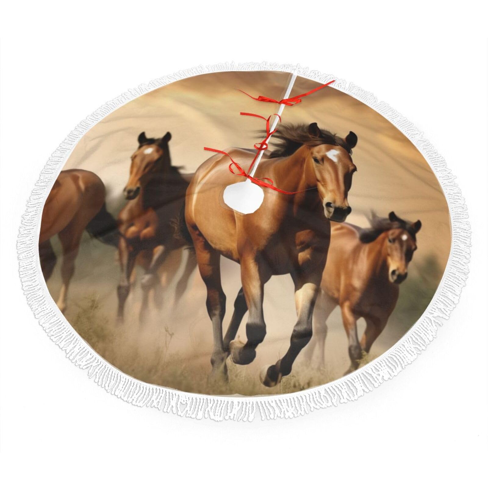 Horses Christmas Tree Skirt 48", Soft Plush Xmas Tree Carpet with Tassel Christmas Ornaments Winter Holiday Tree Mat Decoration for Home Party Supplies