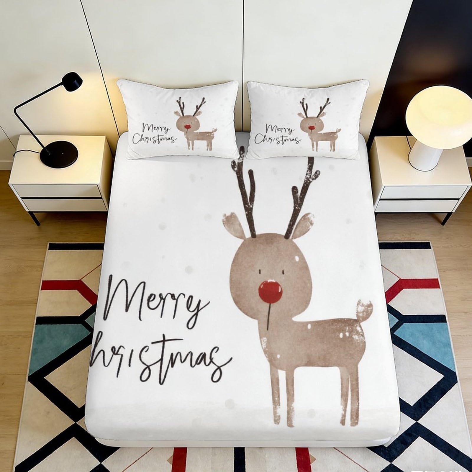 3D Printed Christmas Reindeer Fitted Sheet Microfiber Soft Breathable Holiday Bed Cover for Bedroom Dormitory Guest Room Mattress Protection Decor 120x200x25cm