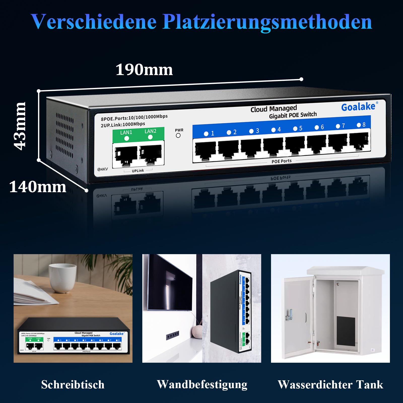 Goalake Switch PoE+ de 10 Puertos - 8 Puertos PoE a 120W, 2 Gigabit Uplink, 802.3af/at - Gestionado en la Nube, App Fácil, Detección en la Nube, VLAN
