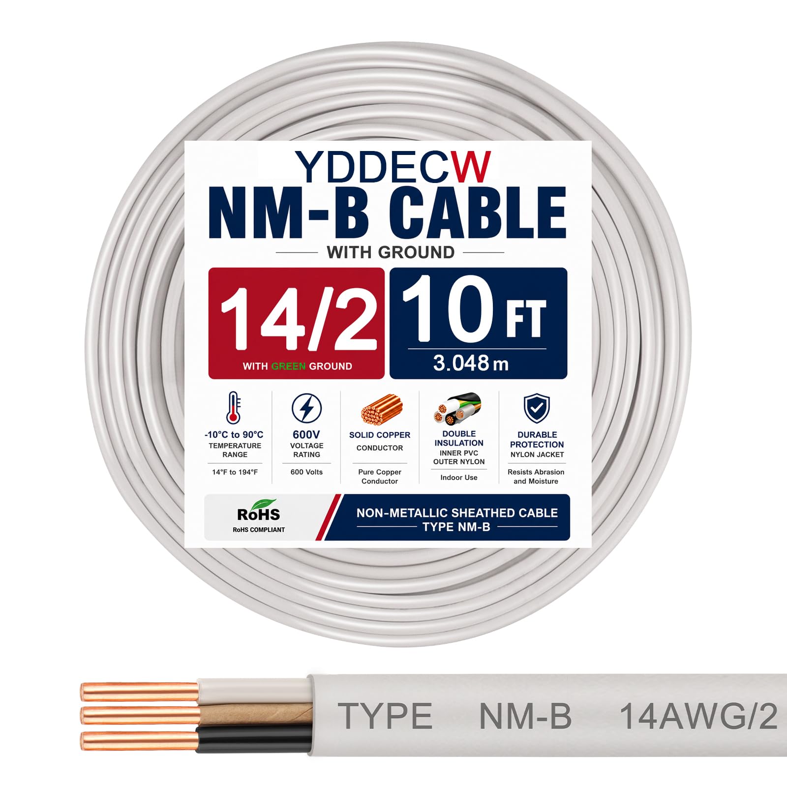 Cavo 14/2 NM-B con messa a terra, 3 m, cavo inguainato non metallico, 100% puro rame, 14 AWG, 2 conduttori, filo interno residenziale per prese, interruttori