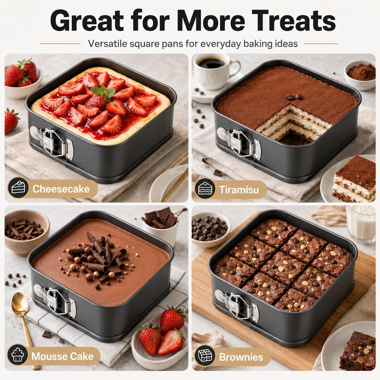 Lot de 3 moules à charnière carrés avec fond amovible 20,3 cm/22,9 cm/25,4 cm Moule à gâteau carré anti-adhésif pour gâteaux, cheesecakes, pizzas et quiches