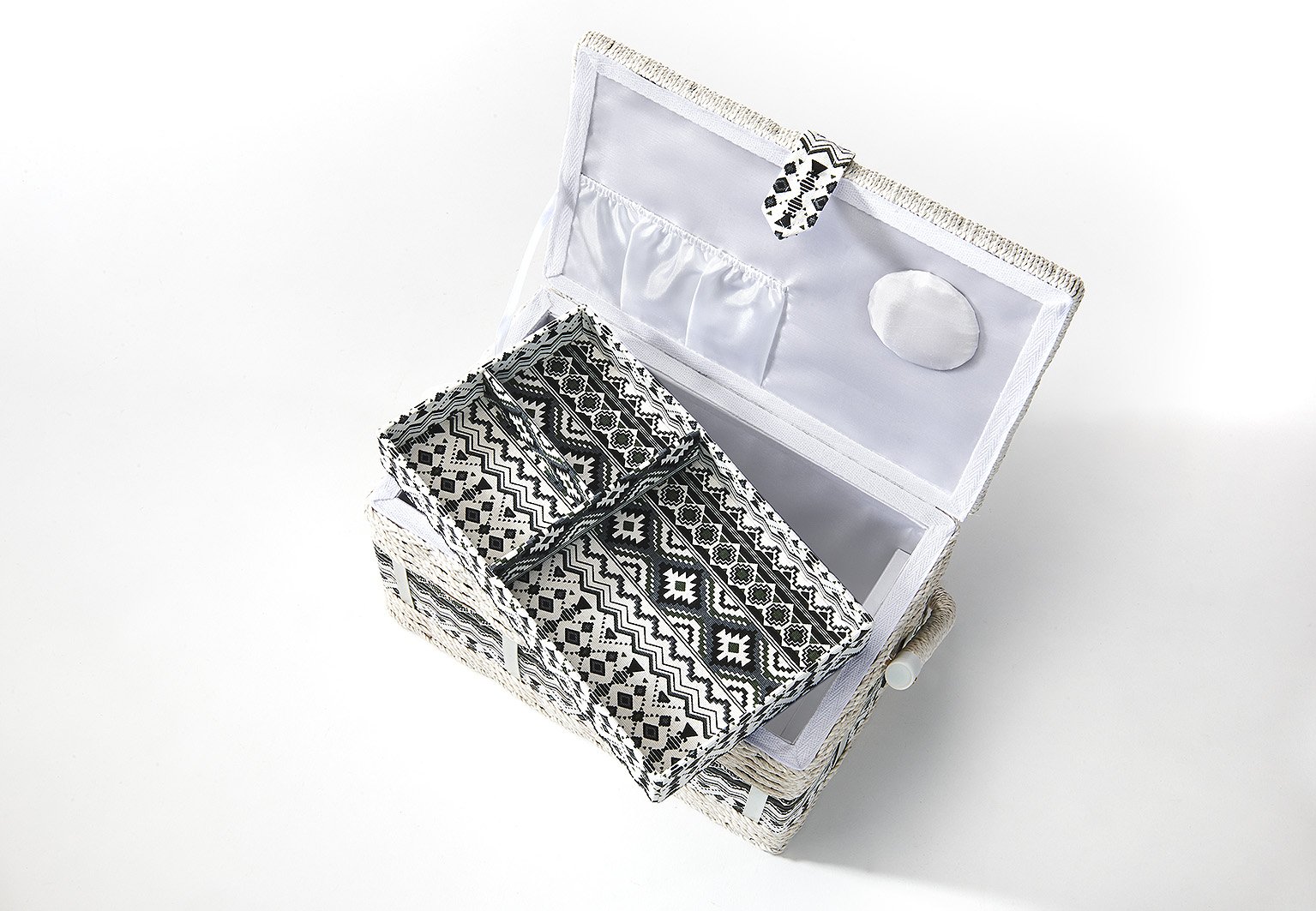 Kobolo Nähkästchen Nähkorb Nähkörbchen Nähkasten - Textil schwarz weiß - 28x18x16 cm