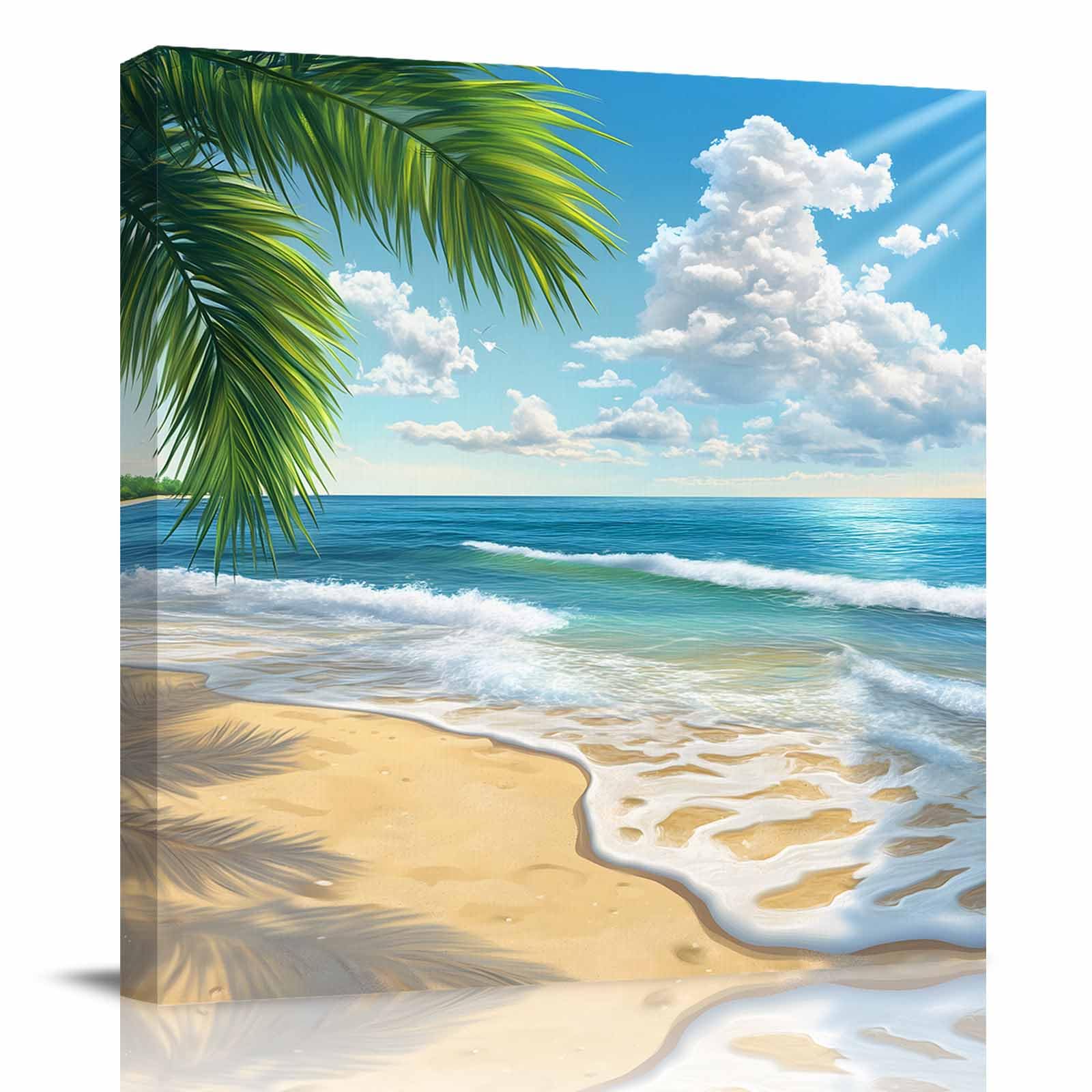Square Wall Art Paintings Canvas Ocean Beach Palm Trees Giclee Artwork Modern Prints Pictures for Bedroom Living Room Home Decor, Wooden Frame, Ready to Hang, 8x8inch, Tropical Plants