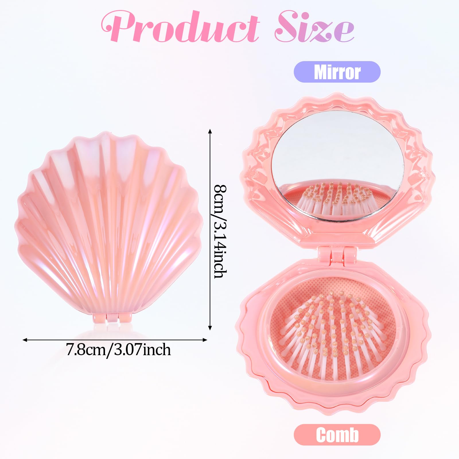 Foldable Travel Hair Brushes with Mirror Shell Shape Portable Folding Pocket Hair Brush Cute Mini Hair Comb Compact Size Hair Massage Comb Small Makeup Mirror Set Gifts for Girls Women - Image 2