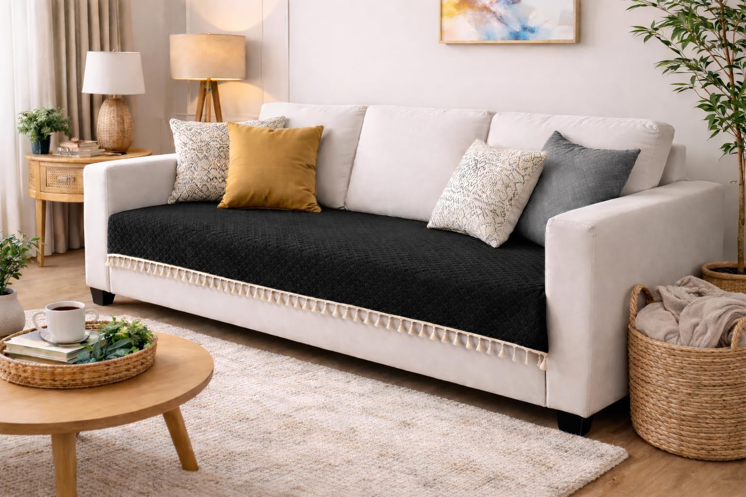 3-Seater Quilted Velvet Sofa Cover with Tassels | Geometric & Solid Color Design | Elegant Sofa Protector for Living Room | Soft, Washable & Stylish Home Decor (Black)-image-5