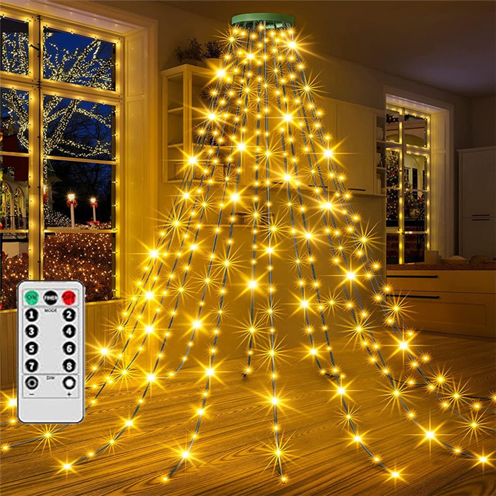 HADAVAKA Christmas Tree Waterfall Light, LED Outdoor Xmas Light with Ring, USB Christmas Light with Remote Control, LED Christmas String Lights for Indoor Outdoor Christmas Ornaments (Warm,2M)