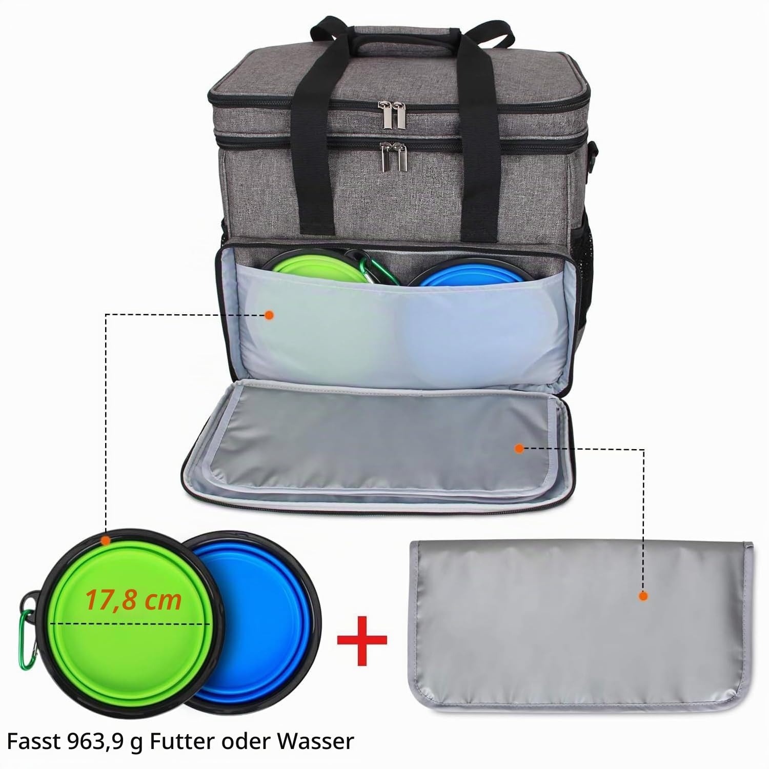 Teamoy Reisetasche für Hundeausrüstung, Hundetasche für die Mitnahme von Tiernahrung, Leckereien, Spielzeug und andere wichtige Dinge, ideal für Reisen, Camping oder Tagesausflüge (Groß, grau)