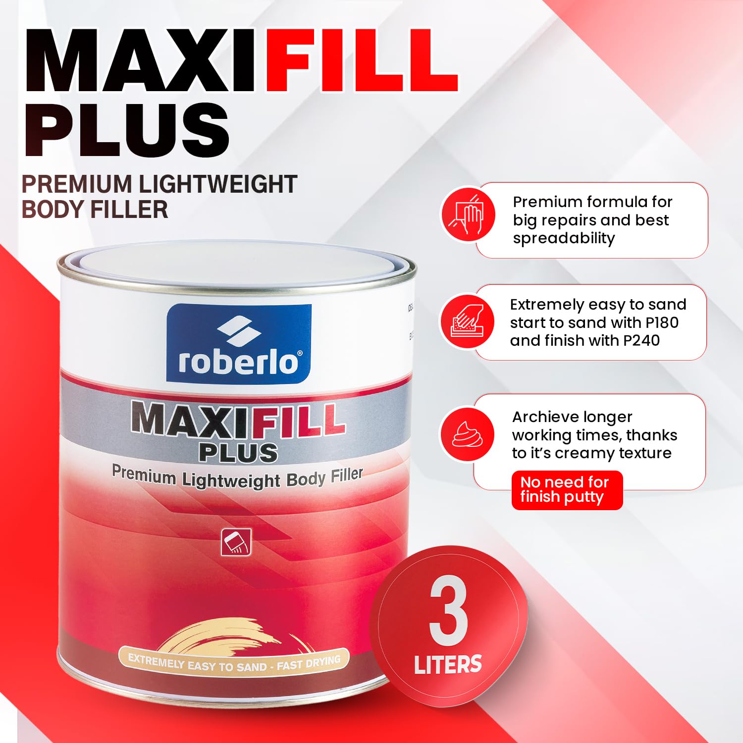 Roberlo Maxifill Plus Premium Lightweight Body Filler 3L + Hardener – Easy Sanding, High Spreadability for Medium to Large Car Repairs – Adheres to Steel, Aluminum, Zinc, Galvanized & Fiberglass