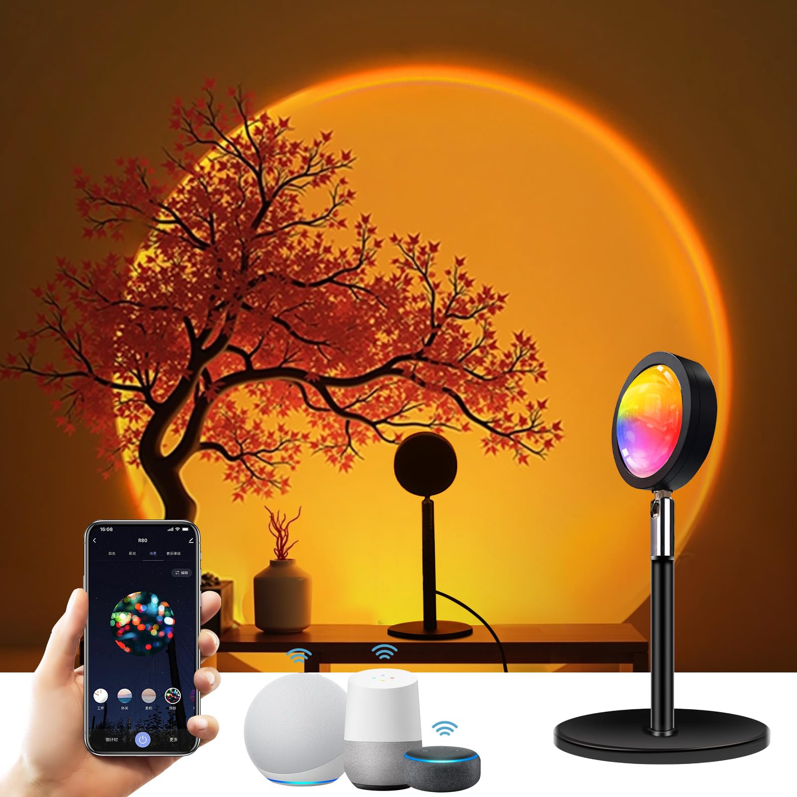 Gy Wifi Sunset Light Wifi Sunset Led Lamp, 16 Colours Smart 5W Sunset Light, 360° Rotating Romantic Rainbow Projector Light, Led Night Light For Party Living Room Theme Bedroom Decoration