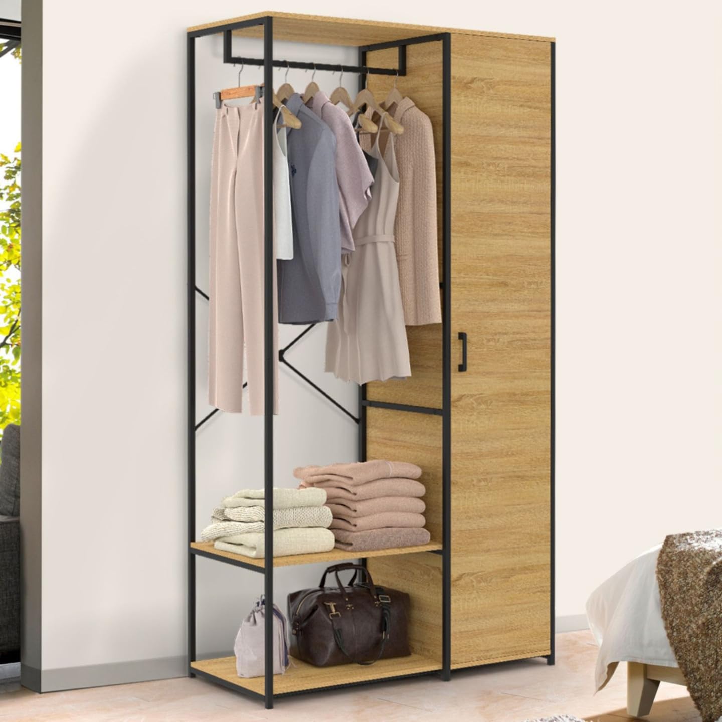 IDMarket - Armario industrial con estantes y barra para colgar ropa DETROIT diseño industrial L. 90 cm