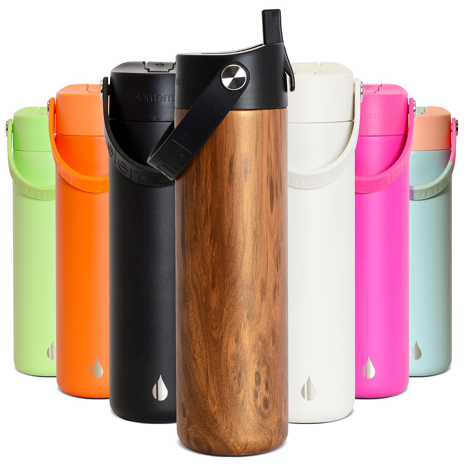 Elemental Insulated Kids Water Bottle, Stainless Steel Water Bottle with Straw Lid & Pop-It Handle, Leak-Proof Water Bottles for School, Boys or Girls, Travelling and Sports, 709ml - Teak Wood