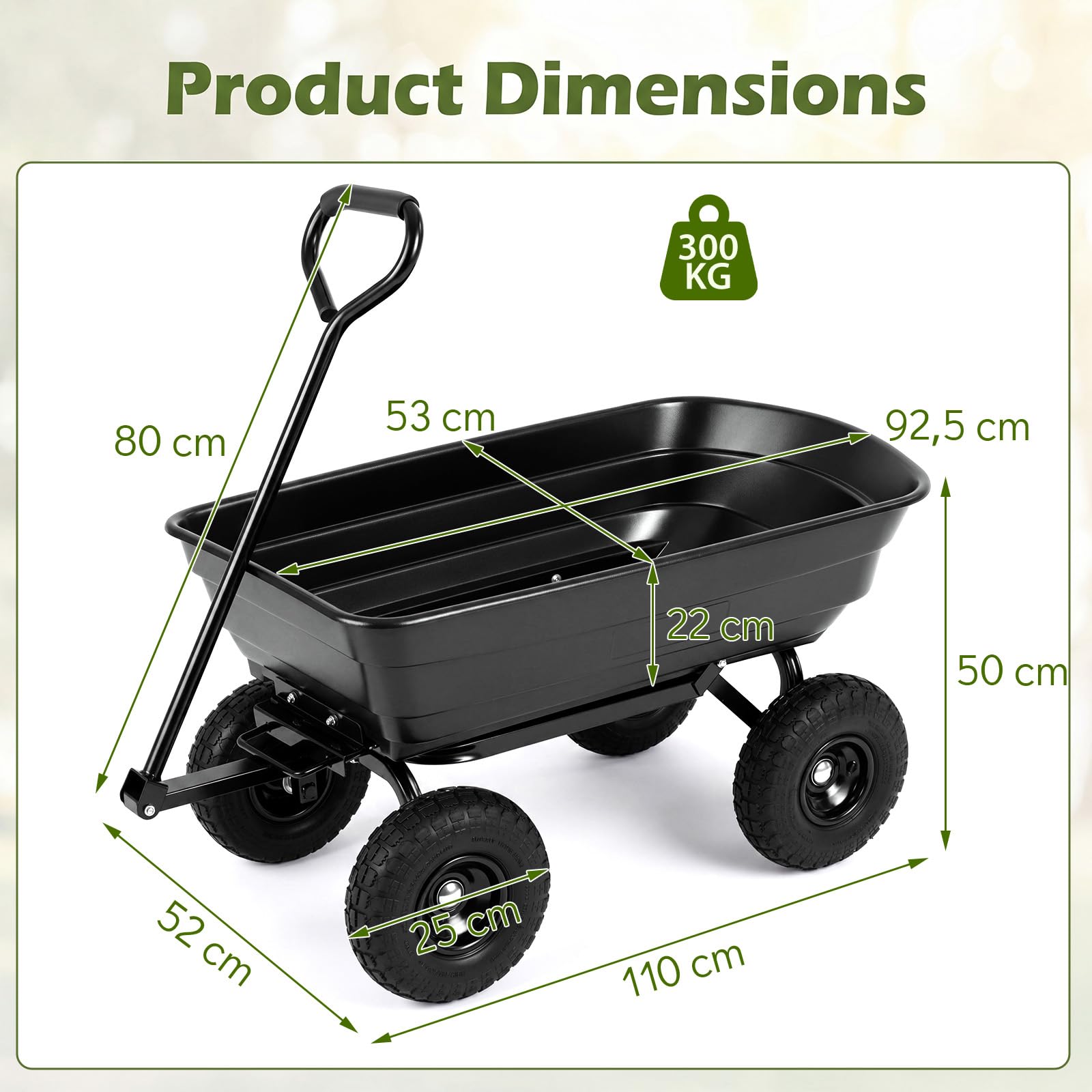 HOMASIS Gartenwagen mit Kippfunktion, belastbar bis 300 kg, Schwarz | Handwagen mit 75L Kunststoffwanne, verstellbarem Griff & stoßdämpfenden Luftreifen, Transportwagen für Hof & Supermarkt