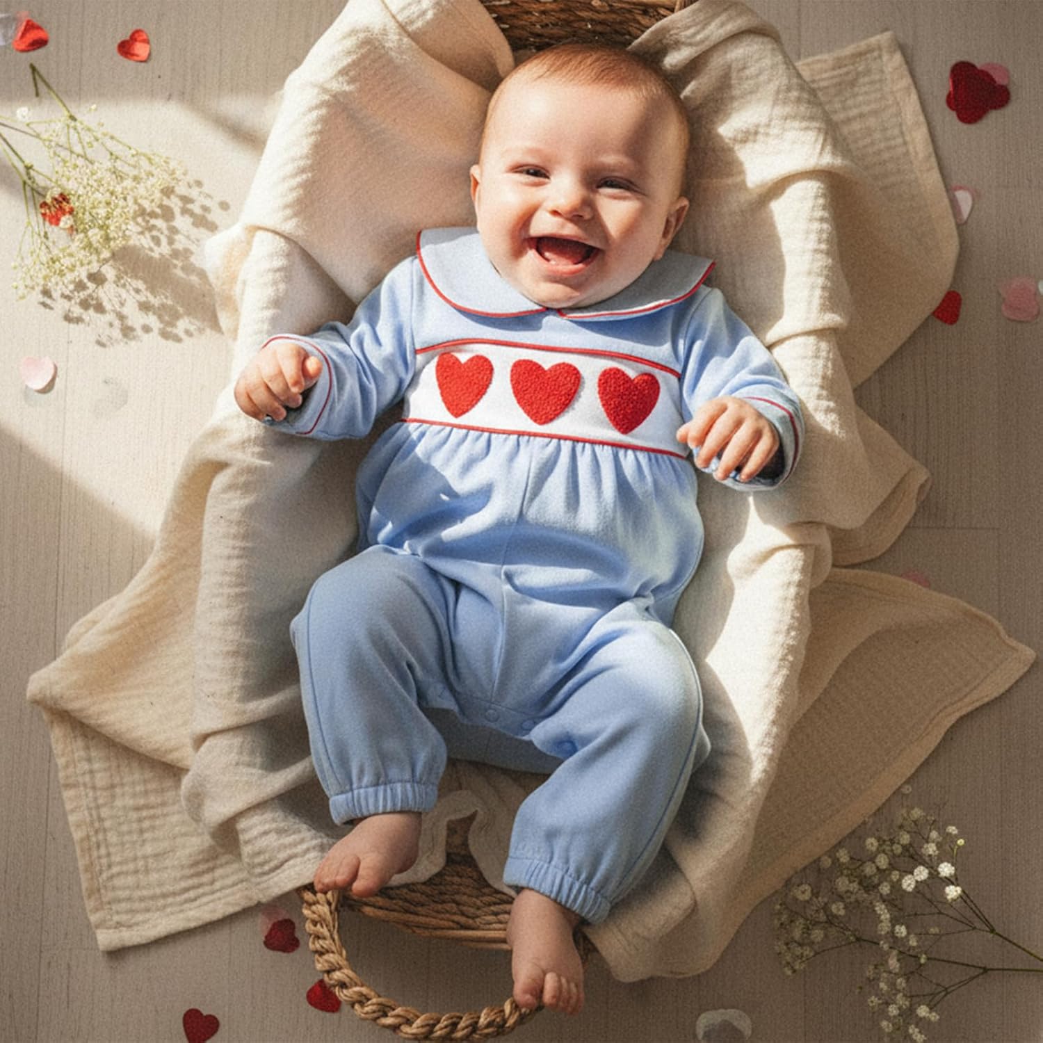 Newborn Baby Boy Valentines Day Outfit Heart Embroidery Smocked Romper Peter Pan Collar Long Sleeve Jumpsuit Clothes - Image 3
