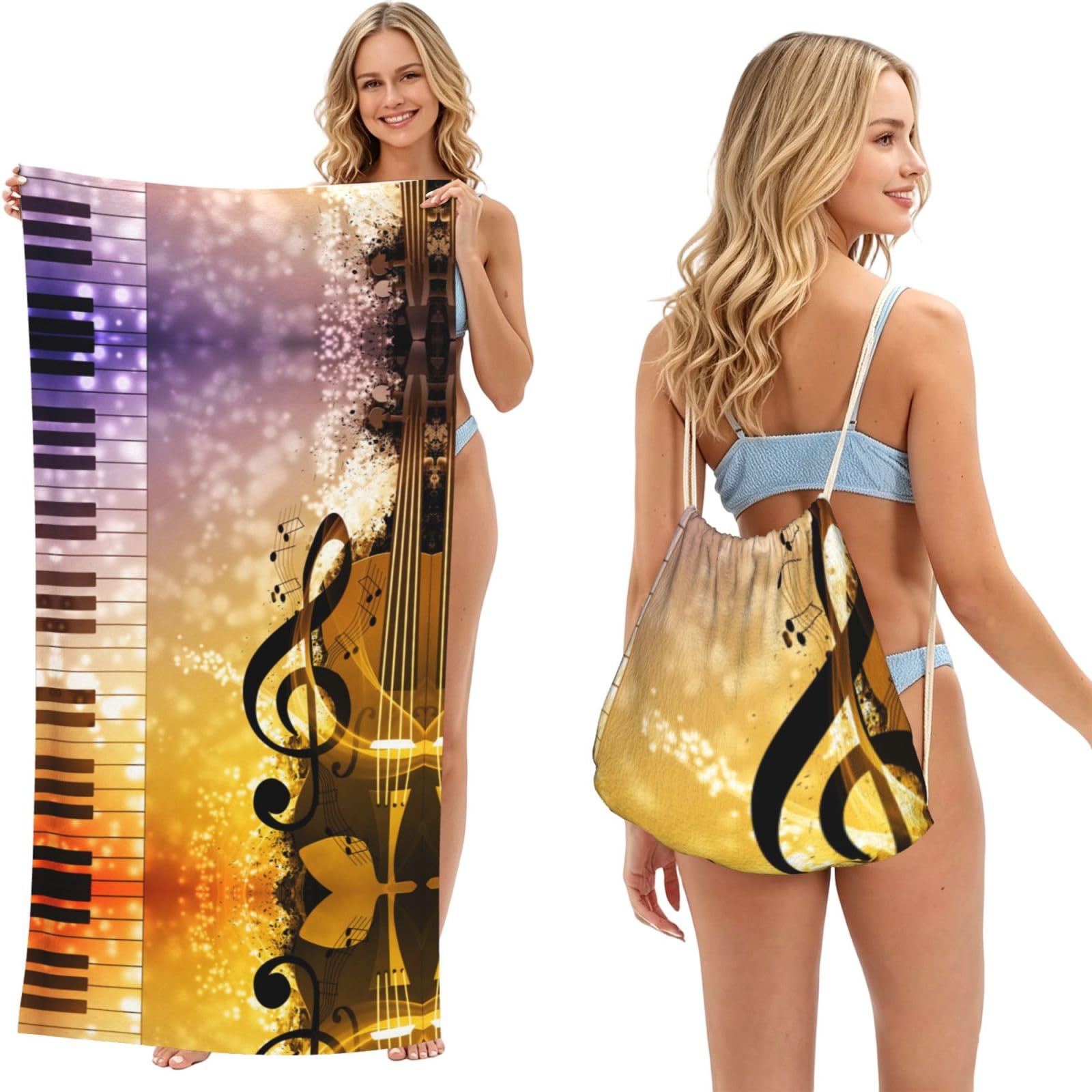 SATUSA Piano Violin Music Notes Print 2-In-1 Foldable Beach Towel Backpack â€“ Camping, Yoga And Travel,Bath Towel With Built-In Storage, Convertible Beach Mat & Carry Bag