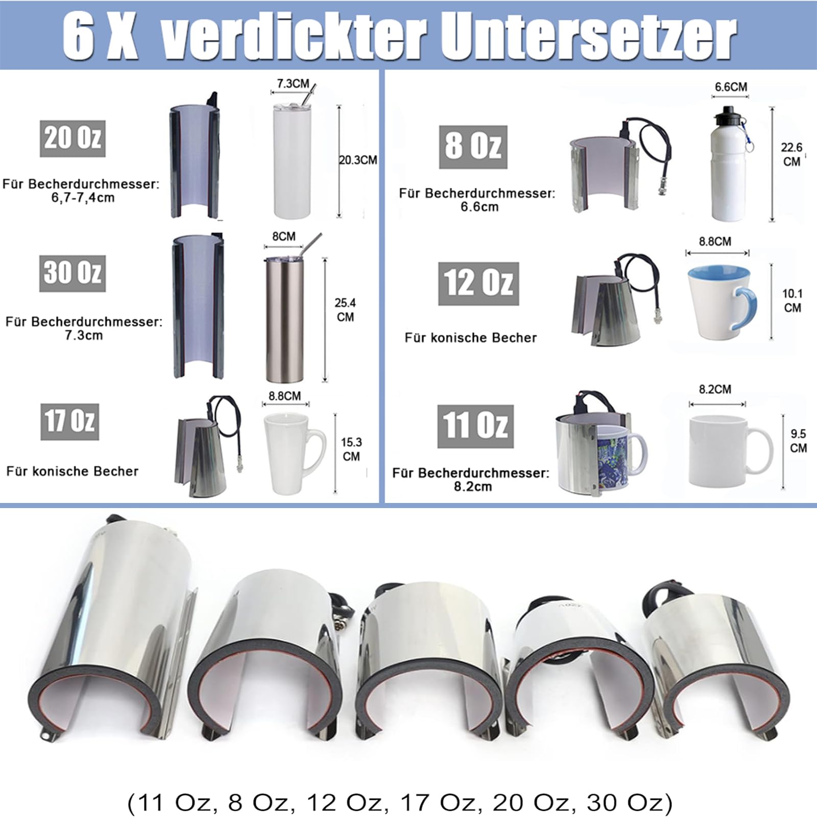 Tassenpresse Mug Sublimationspresse 8-30OZ 600W - 200 ℃ Heisspresse Hitzepresse mit 6 Untersetzer Transferpresse Tassen Bedrucken Multifunktionale Sublimations-Drucker Becherdruckmaschine