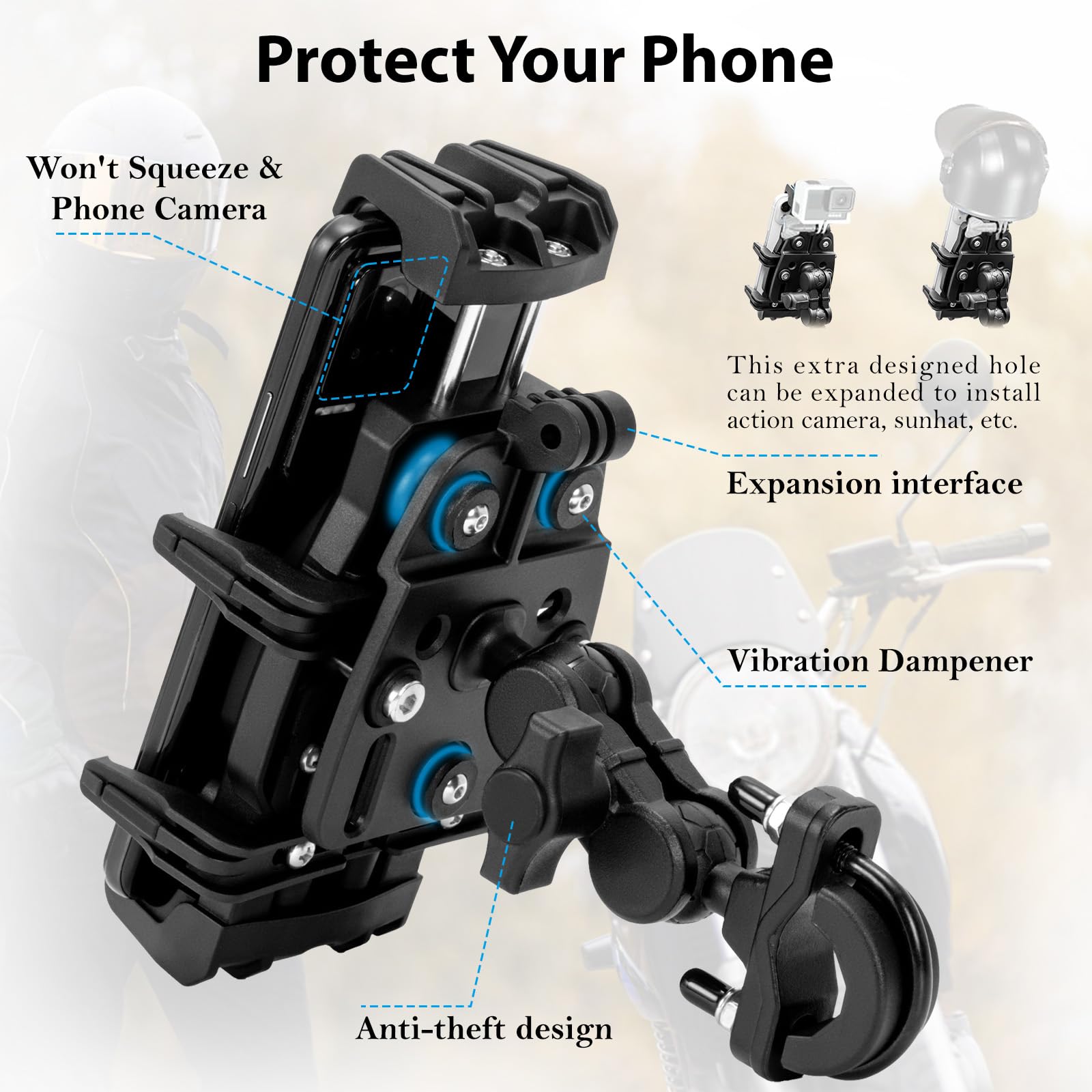 EMERK Soporte para teléfono de motocicleta con amortiguador de vibración, soporte antirrobo para teléfono de motocicleta, soporte para teléfono móvil ajustable para bicicleta, bicicleta, carretera